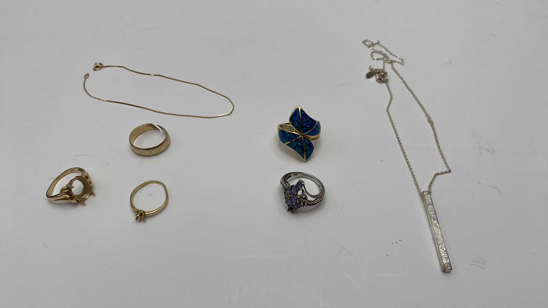 Photo 1 of GOLD AND SILVER JEWELRY -14K  3 RINGS AND BRACELET, 585 BLUE RING, 575 STONE MISSING CLUSTER RING, 925 SILVER NECKLACE