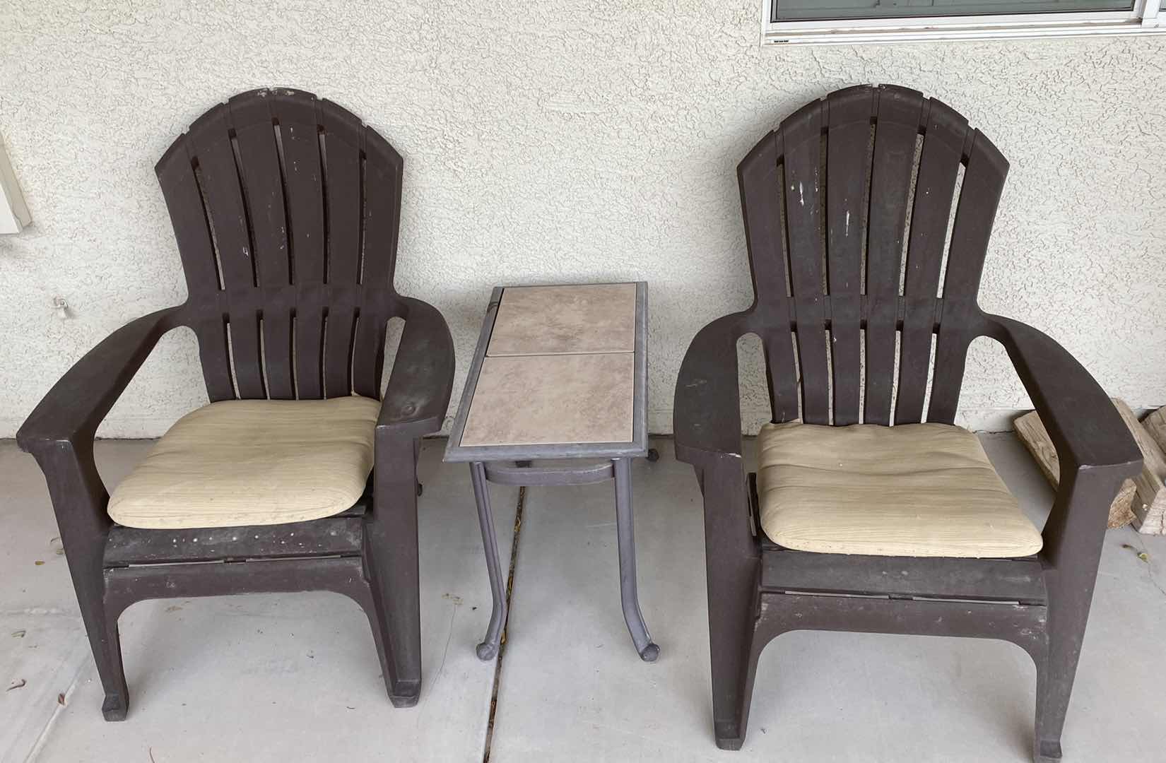 Photo 1 of PAIR OF RESIN ADIRONDACK CHAIRS WITH TABLE -CHIP ON TABLE