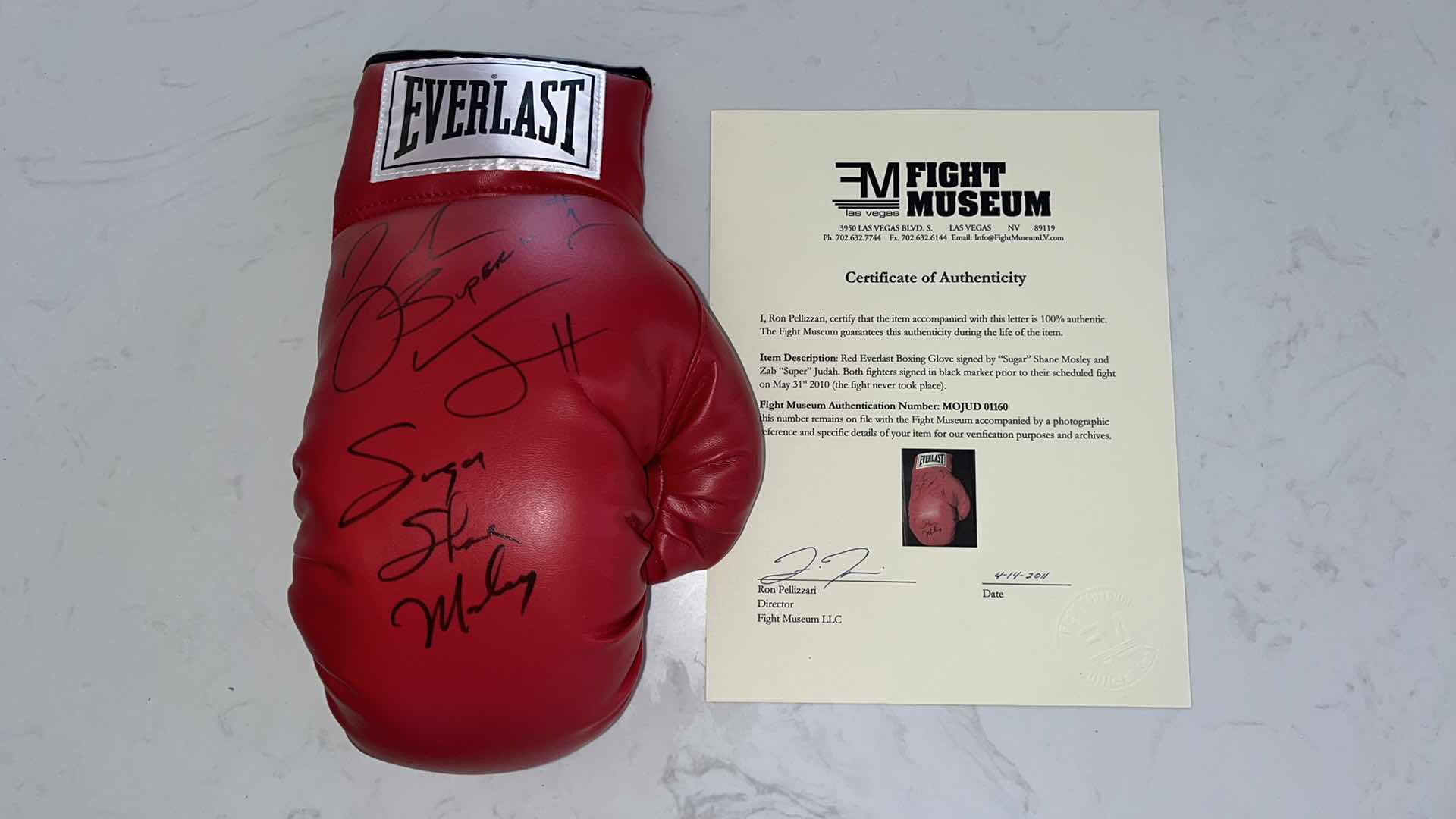 Photo 1 of RED EVERLAST BOXING GLOVE SIGNED BY “SUGAR” SHANE MOSLEY AND ZAB “SUPER” JUDAH