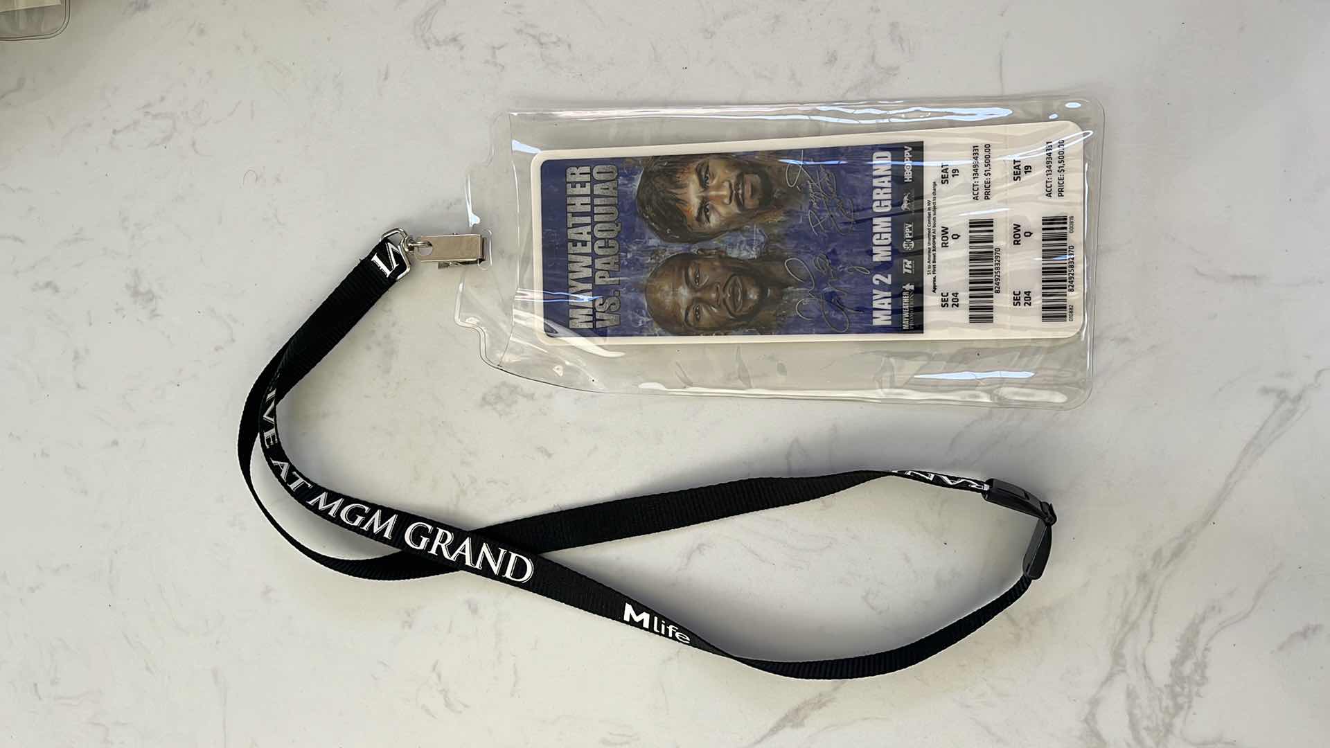 Photo 1 of MAYWEATHER PACQUIAO RARE VERY COLLECTIBLE OFFICIAL FIGHT TICKET IN LANYARD