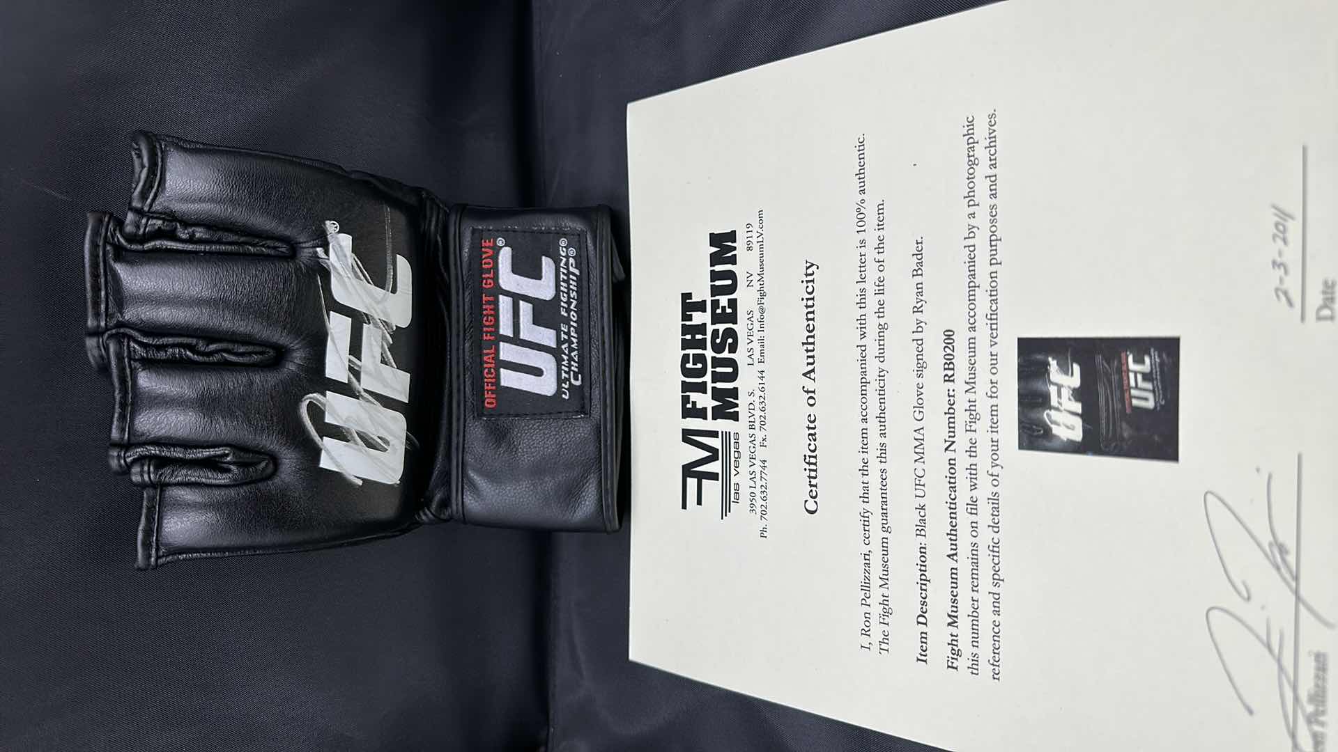 Photo 1 of RYAN BADER SIGNED UFC GLOVE W COA