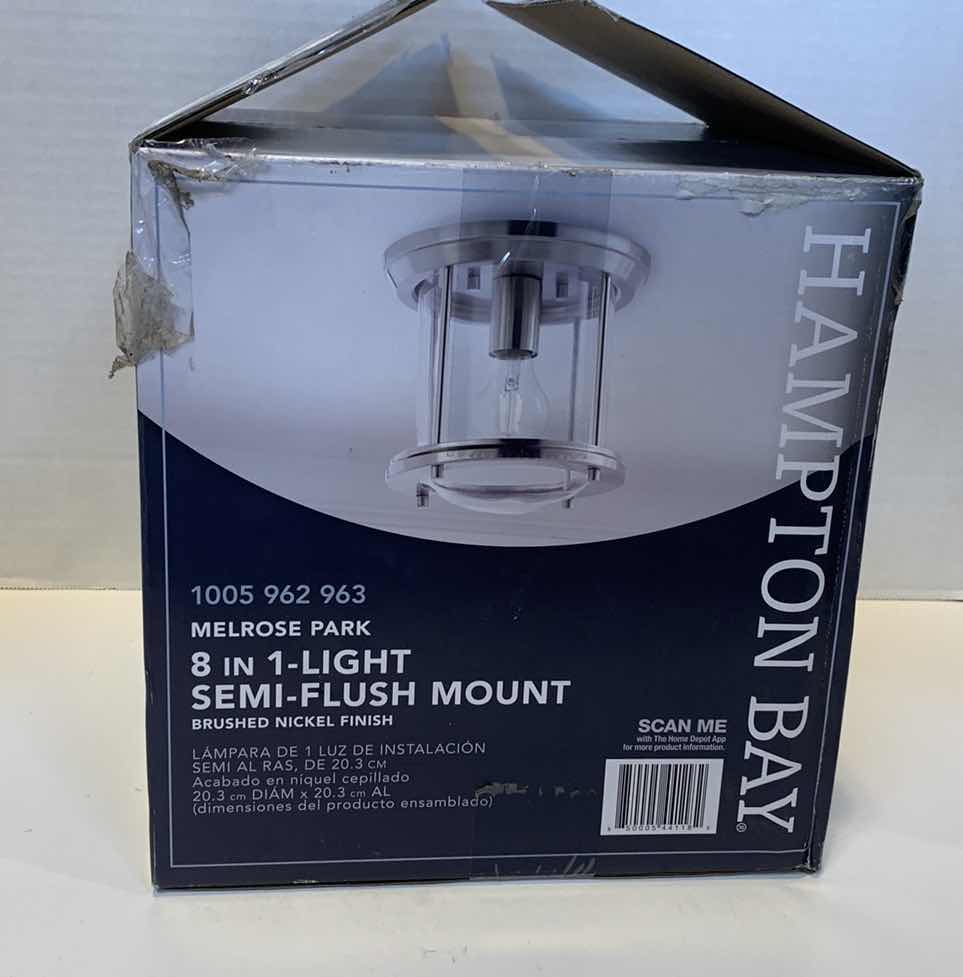 Photo 1 of HAMPTON BAY MELROSE PARK 8 IN 1 LIGHT SEMI-FLUSH MOUNT BRUSHED NICKEL 100 962 963