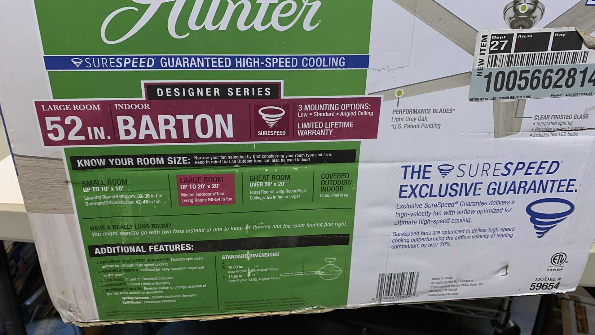 Photo 2 of HUNTER 52” BARTON CEILING FAN GREY OAK FACTORY SEALED