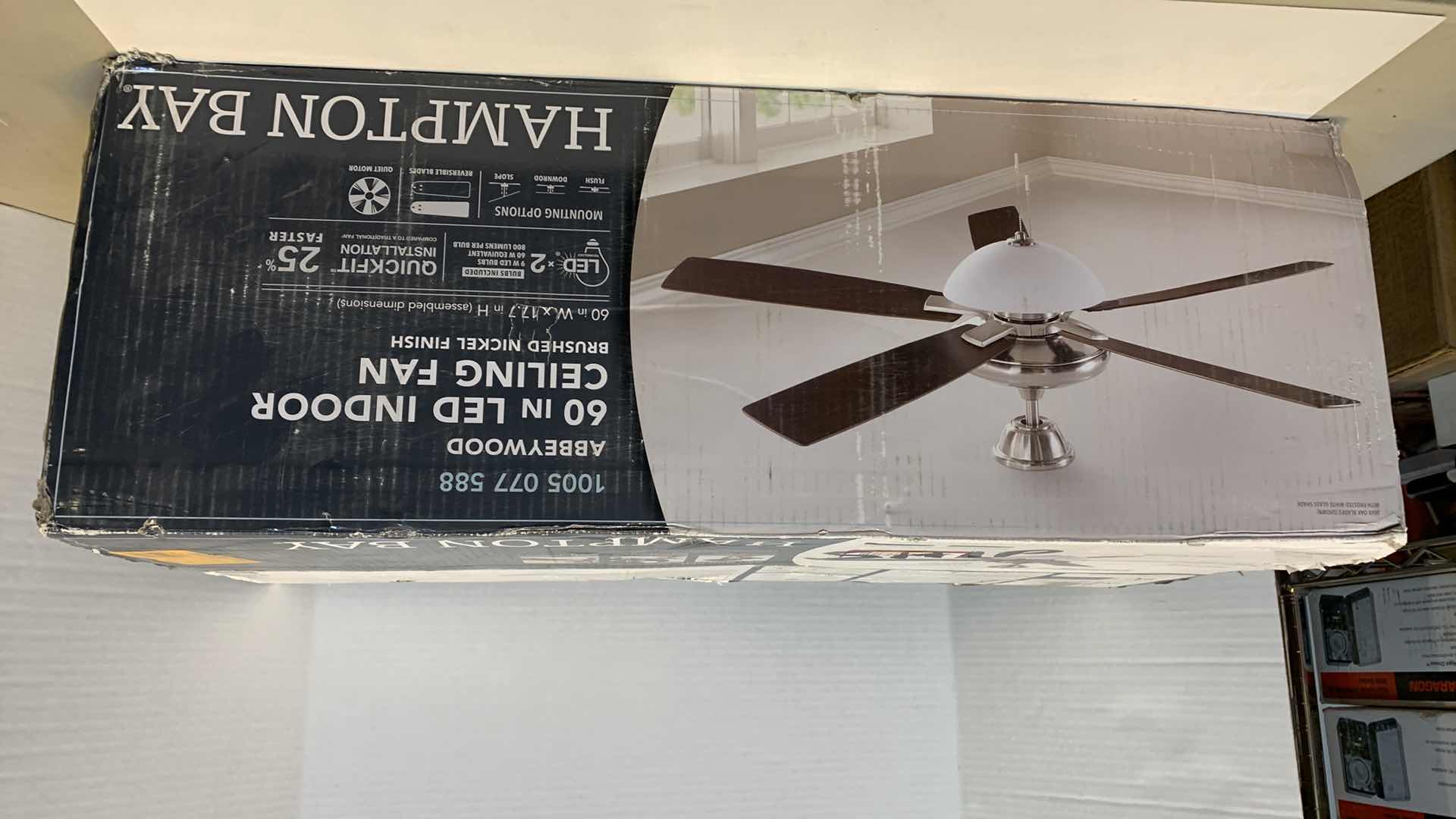 Photo 1 of HAMPTON BAY ABBEYWOOD 60” LED INDOOR CEILING FAN BRUSHED NICKEL FINISH 1005 077 588