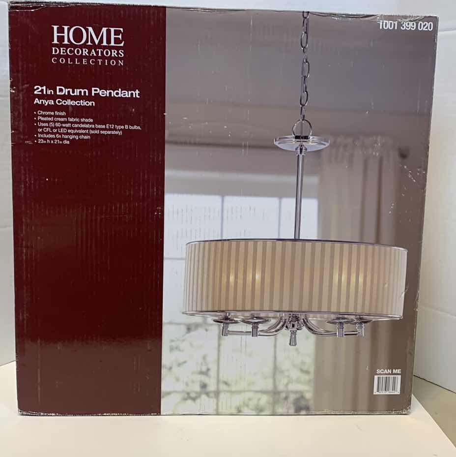 Photo 1 of HOME DECORATORS COLLECTION 21” DRUM PENDANT ANYA COLLECTION CHROME FINISH 1001 399 020 FACTORY SEALED