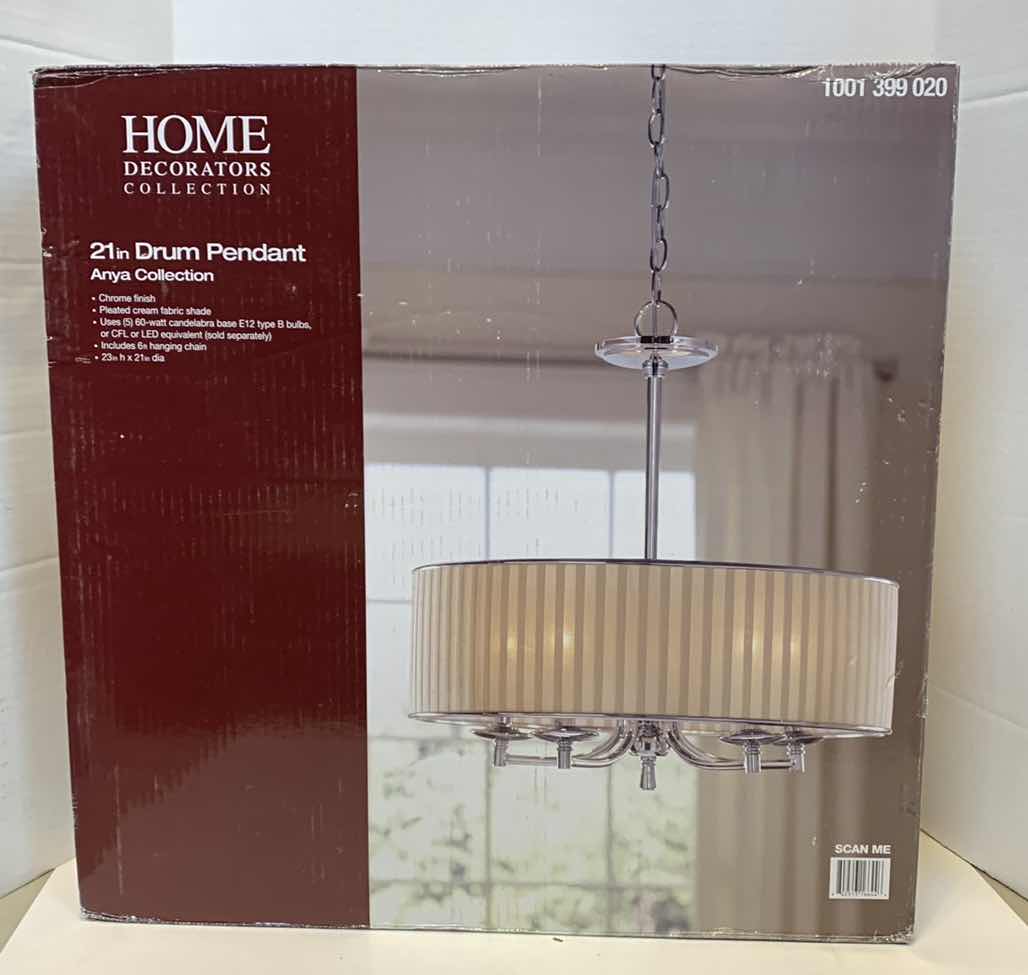 Photo 1 of HOME DECORATORS COLLECTION 21” DRUM PENDANT ANYA COLLECTION CHROME FINISH 1001 399 020 FACTORY SEALED