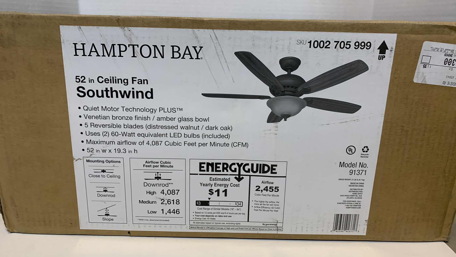 Photo 1 of HAMPTON BAY SOUTHWIND 52” CEILING FAN VENETIAN BRONZE FINISH 1002 705 999