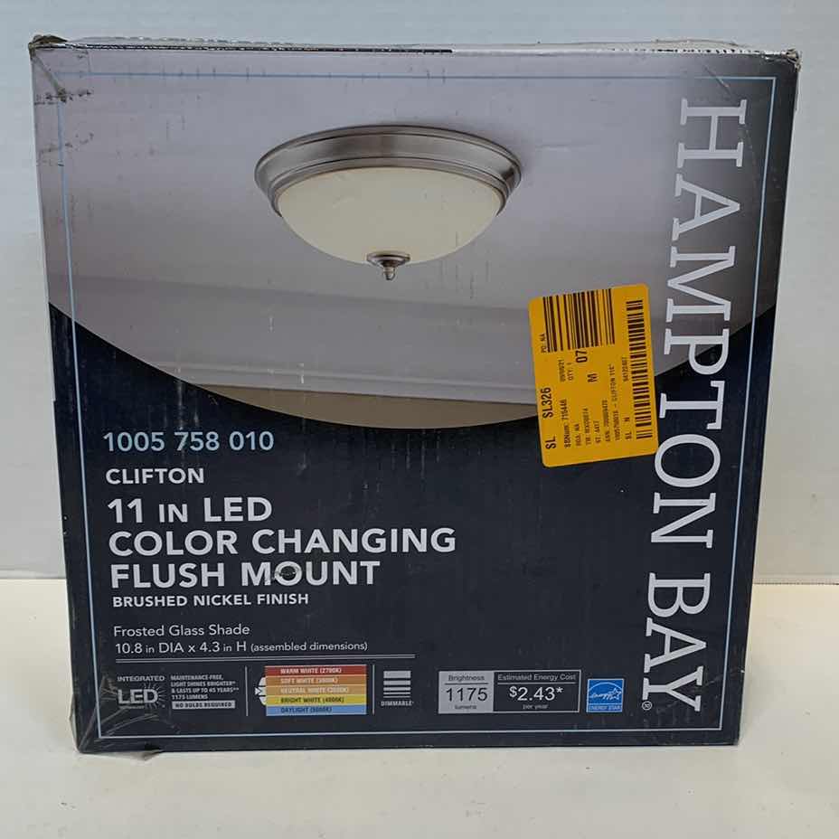 Photo 1 of HAMPTON BAY CLIFTON 11” LED COLOR CHANGING FLUSH MOUNT BRUSHED NICKEL FINISH 1005 758 010