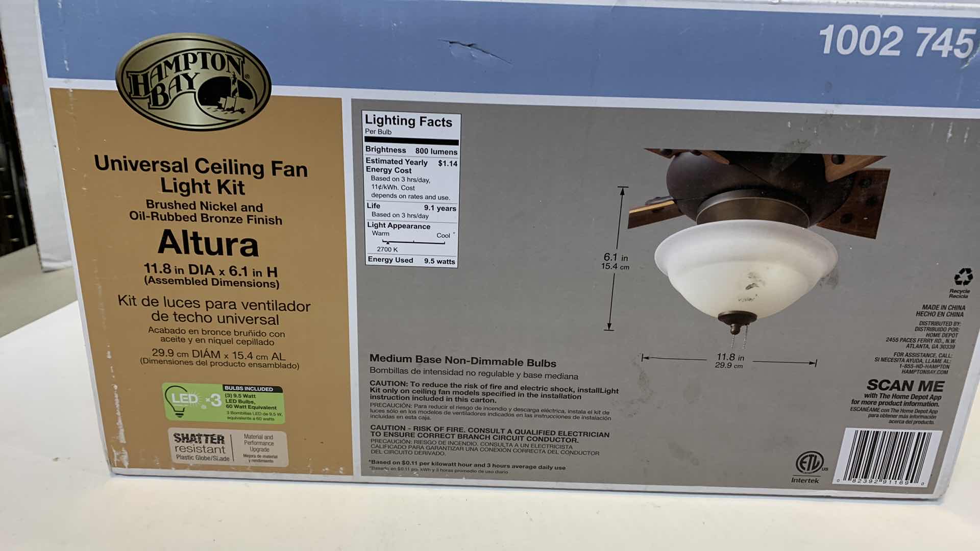 Photo 2 of HAMPTON BAY ALTURA UNIVERSAL CEILING FAN LIGHT KIT BRUSHED NICKEL CEILING 1002 845 176