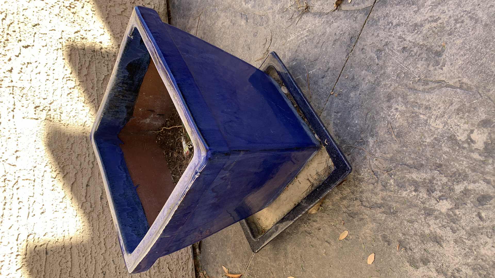 Photo 1 of HEAVY BLUE GLAZED POTTERY PLANTER 15” X 15” H 16” WITH BOTTOM