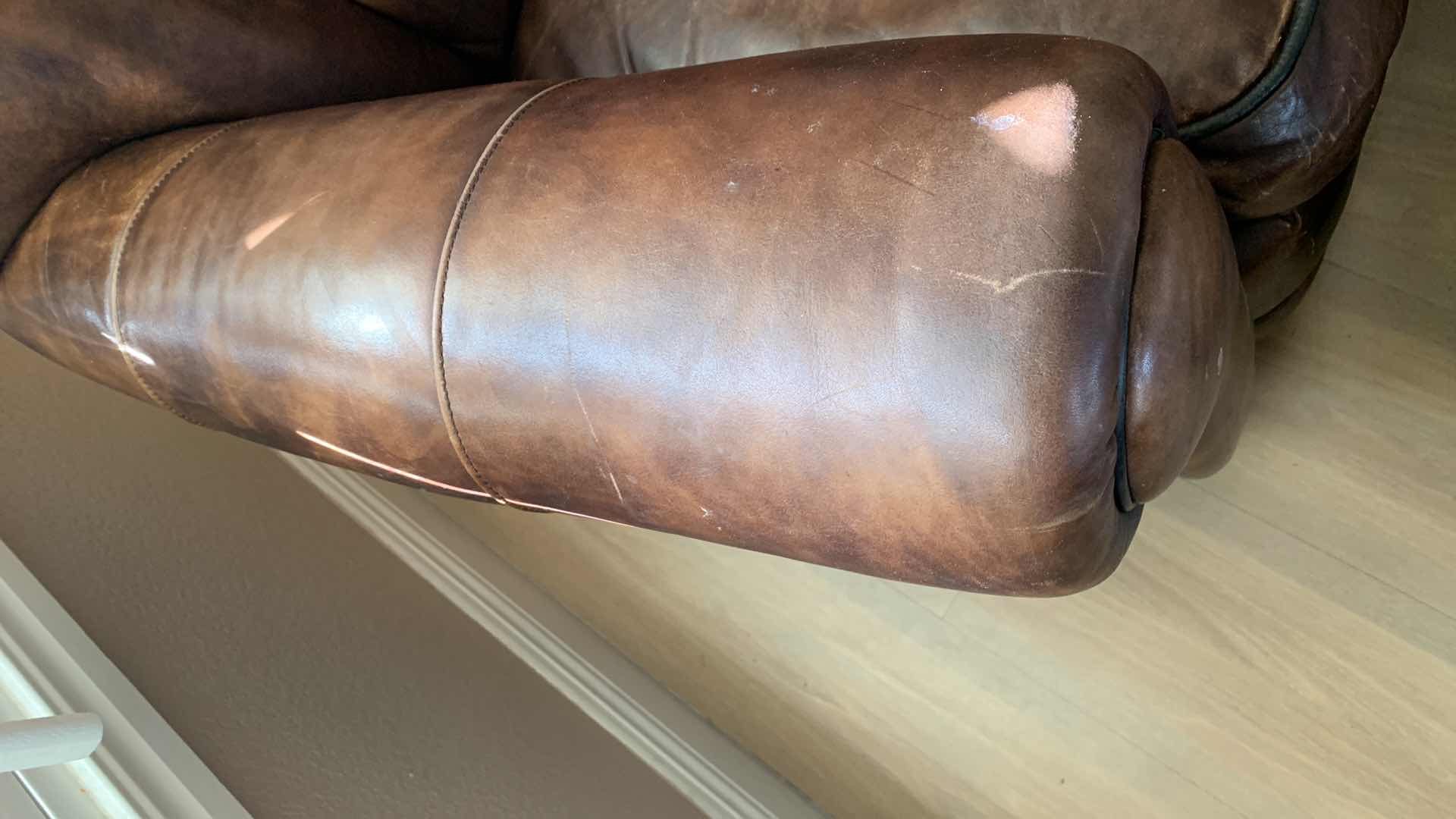 Photo 5 of THOMASVILLE TRADITIONAL DISTRESSED BROWN LEATHER ROLLED ARM CLUB CHAIRS HS1039 37” X 39” H 34” WITH MATCHING OTTOMAN $1000