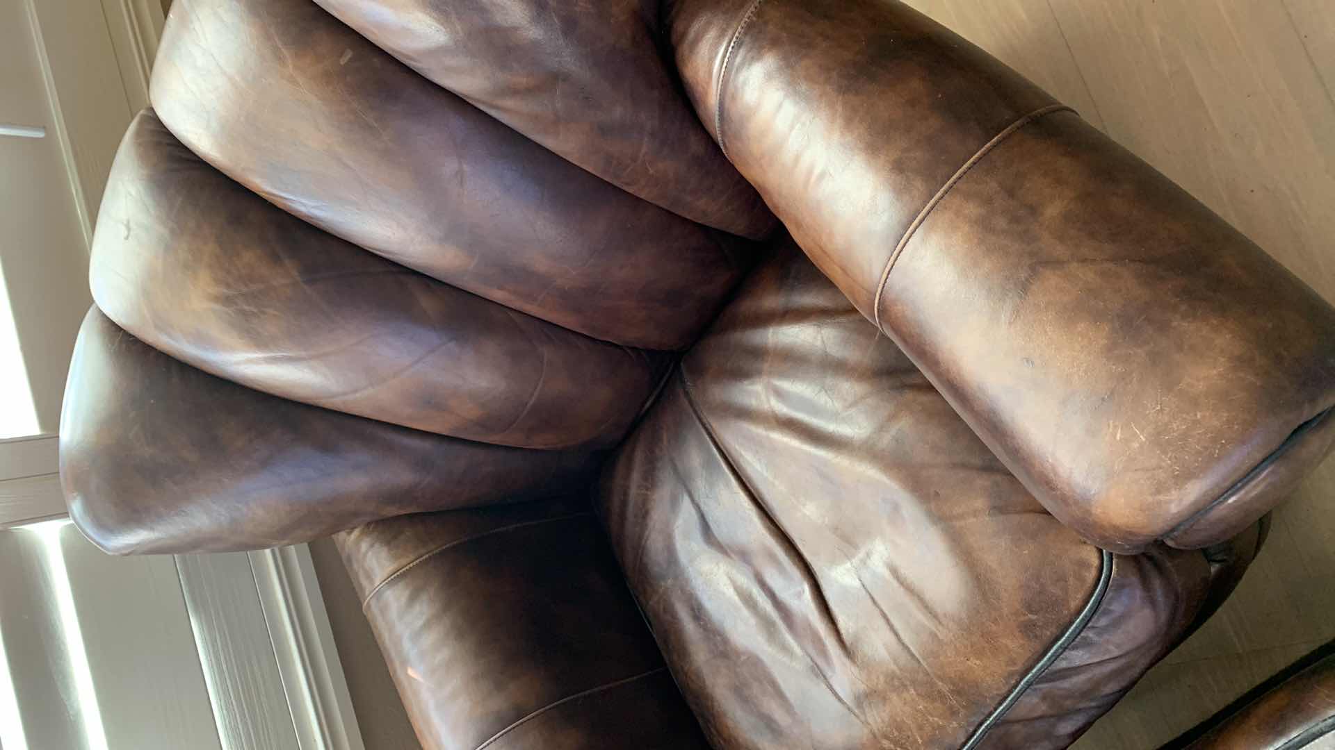 Photo 2 of THOMASVILLE TRADITIONAL DISTRESSED BROWN LEATHER ROLLED ARM CLUB CHAIRS HS1039 37” X 39” H 34” WITH MATCHING OTTOMAN $1000