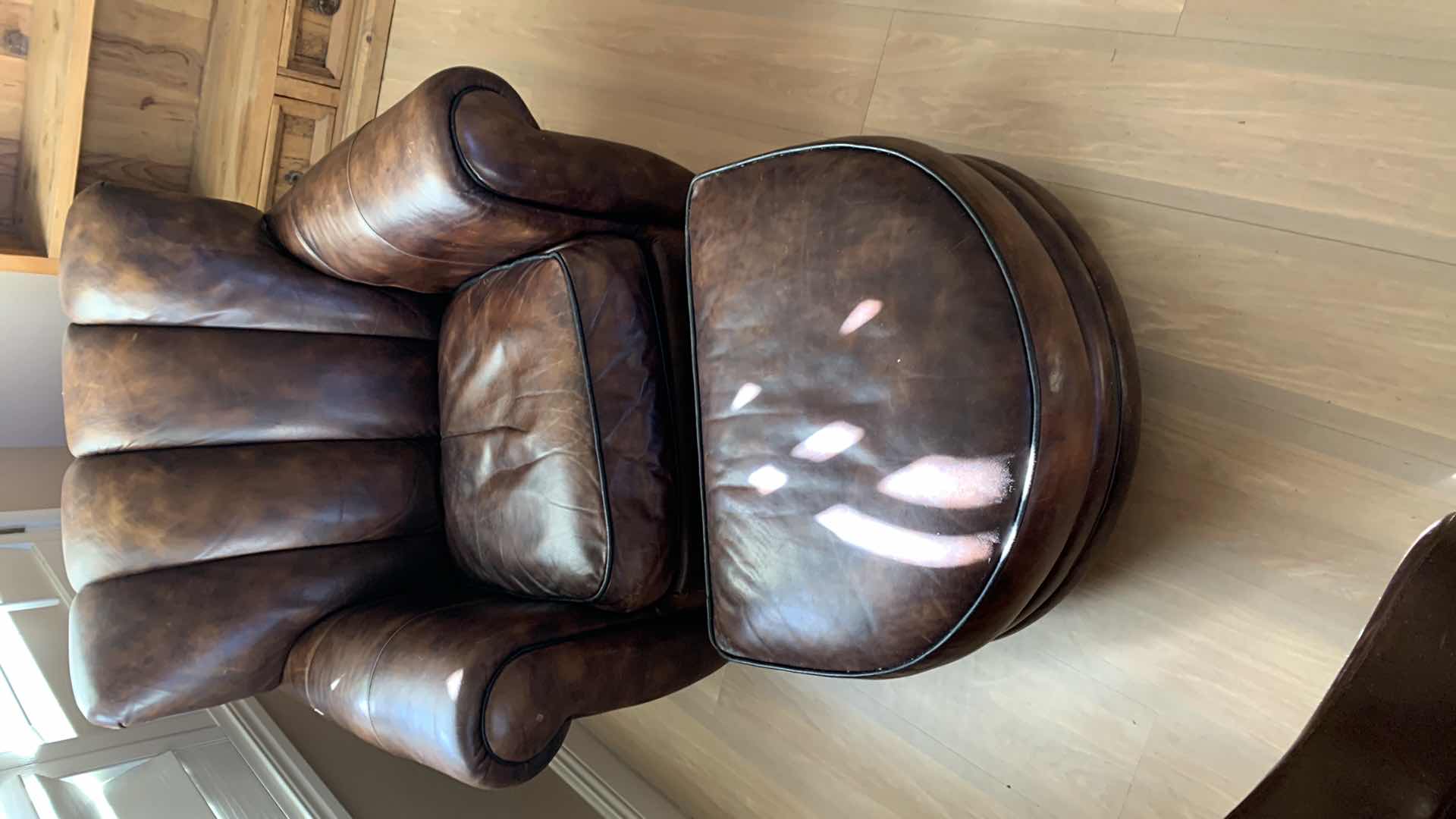 Photo 1 of THOMASVILLE TRADITIONAL DISTRESSED BROWN LEATHER ROLLED ARM CLUB CHAIRS HS1039 37” X 39” H 34” WITH MATCHING OTTOMAN $1000