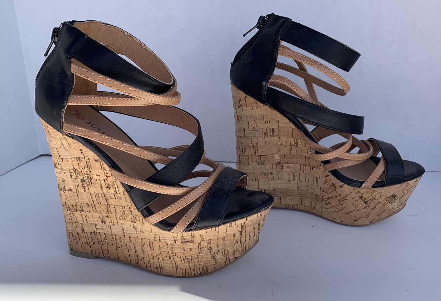 Photo 1 of JUSTFAB LADIES SIZE 6 WEDGE PLATFORM CORK SANDALS, BLACK AND TAN STRAPS