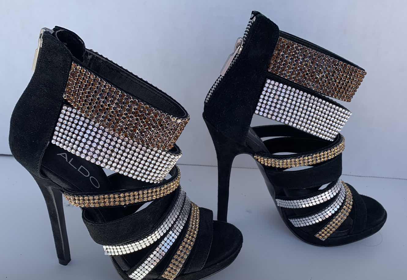 Photo 1 of BLACK HIGH HEEL SANDALS, GOLD AND SILVER RHINESTONES STRAPS, LADIES SIZE 5 1/2, ZIPPER HEEL