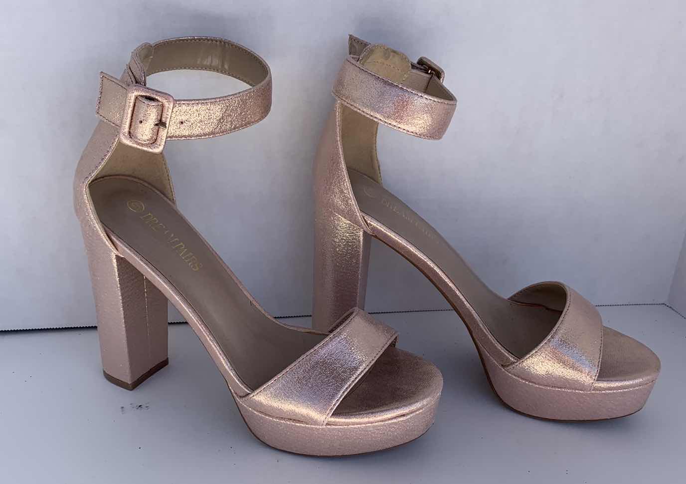 Photo 1 of LADIES HIGH HEEL SANDALS, SIZE 9, SHIMMERY PINK FABRIC,