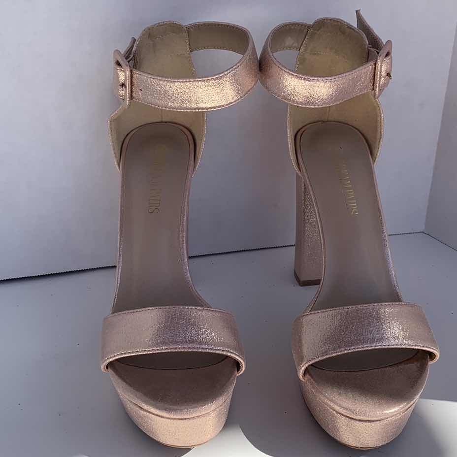 Photo 2 of LADIES HIGH HEEL SANDALS, SIZE 9, SHIMMERY PINK FABRIC,