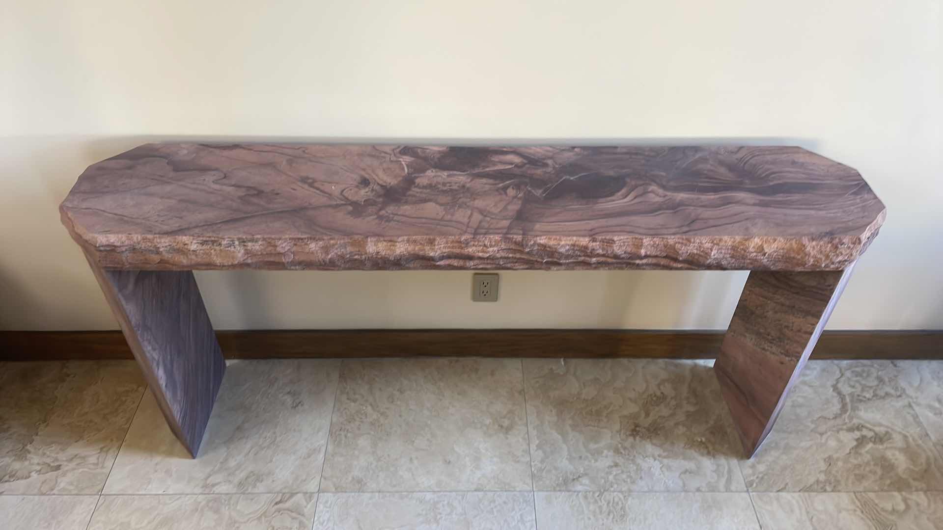 Photo 1 of SPECIALITY CUT RAINBOW GOLD CUSTOM TABLE 4” THICK 72” X 14” H34” CHISELED EDGING AND HONED TOP LEGS ARE SPECIAL CUT ANGLE WITH HONED FINISH