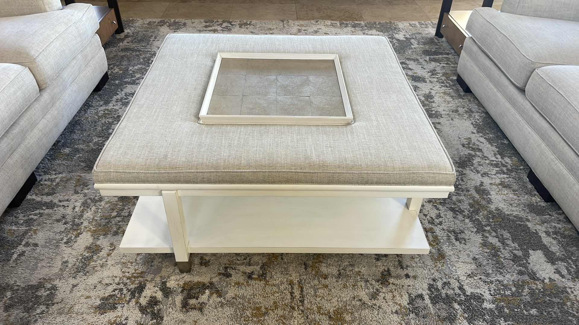 Photo 3 of WESTWOOD COCKTAIL OTTOMAN WITH TRAY WALNUT IVORY WITH TAUPE SHAGREEN 45” X 45” H19”