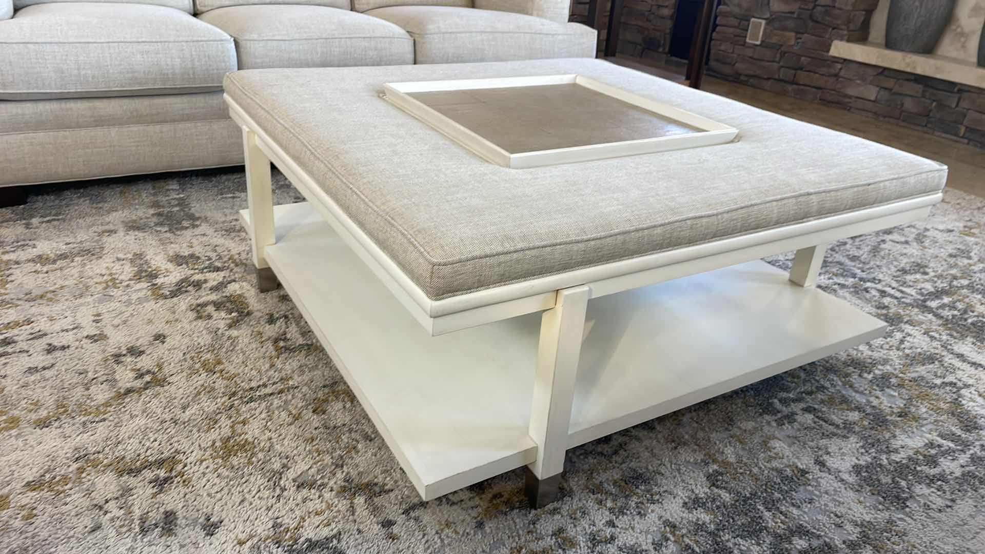 Photo 4 of WESTWOOD COCKTAIL OTTOMAN WITH TRAY WALNUT IVORY WITH TAUPE SHAGREEN 45” X 45” H19”