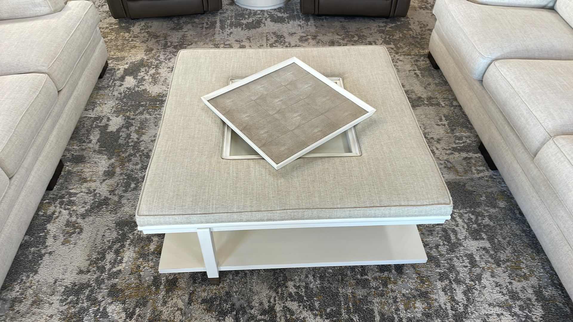 Photo 6 of WESTWOOD COCKTAIL OTTOMAN WITH TRAY WALNUT IVORY WITH TAUPE SHAGREEN 45” X 45” H19”