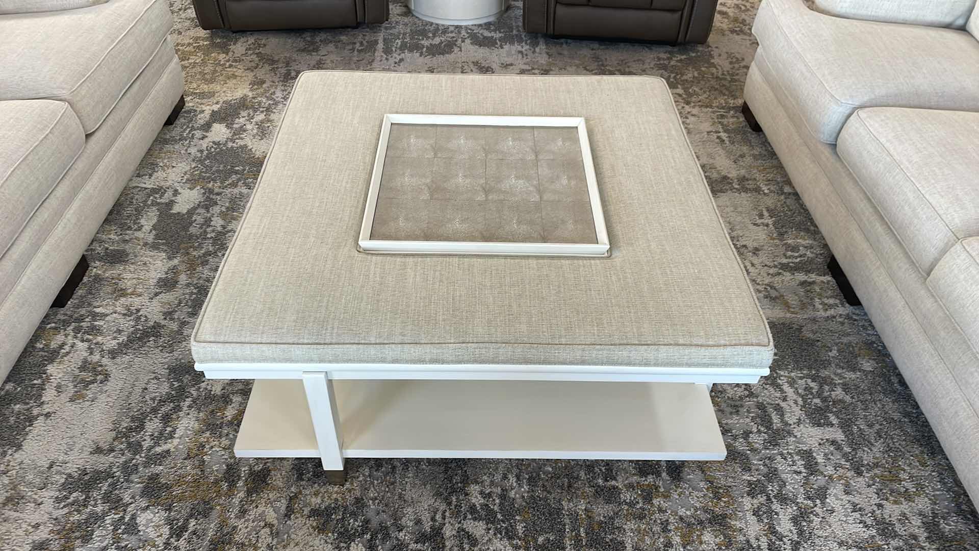 Photo 1 of WESTWOOD COCKTAIL OTTOMAN WITH TRAY WALNUT IVORY WITH TAUPE SHAGREEN 45” X 45” H19”