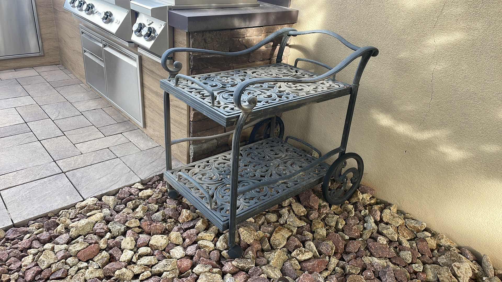 Photo 2 of WROUGHT IRON CART 32” X 23” H36”WITH REMOVABLE TRAYS 31” X 19”