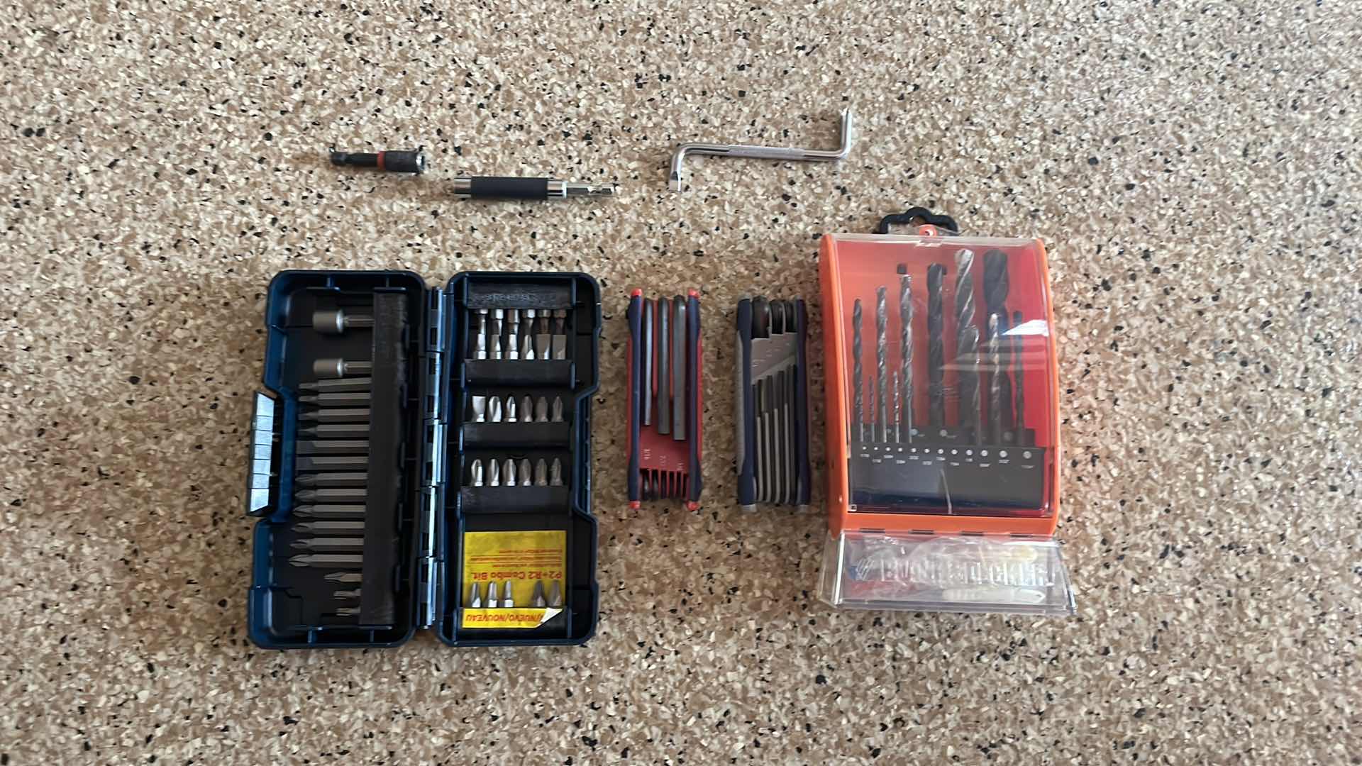 Photo 1 of BLACK AND DECKER DRILL INDEX MISSING COUPLE BITS, COBALT ALLEN KEY SETS, METRIC AND STANDARD, BOSCH SCREWDRIVER, TIP SET