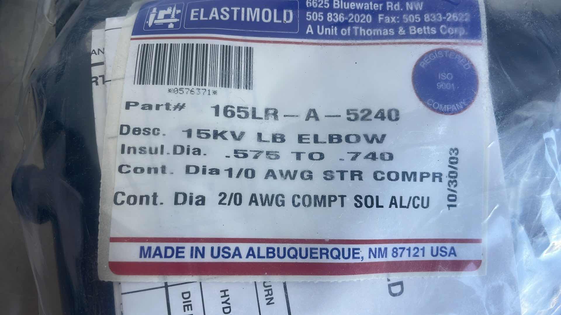 Photo 2 of ELASTIMOLD 15KV LOAD BREAK ELBOWS CONT. DIA 2/0 AWG COMPT SOL AL/CU PART#165LR- A - 5240 (7) 