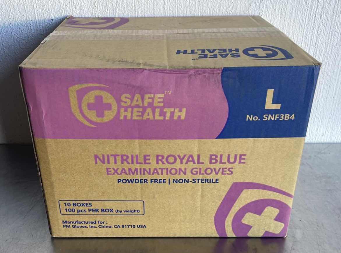 Photo 1 of SAFE HEALTH NITRILE EXAM DISPOSABLE GLOVES, LARGE, LATEX FREE, POWDER FREE, BLUE, TEXTURED, 3.5 MIL, MEDICAL GRADE, FOOD, TATTOO, NURSING, CLEANING, SCHOOL CASE OF 1000