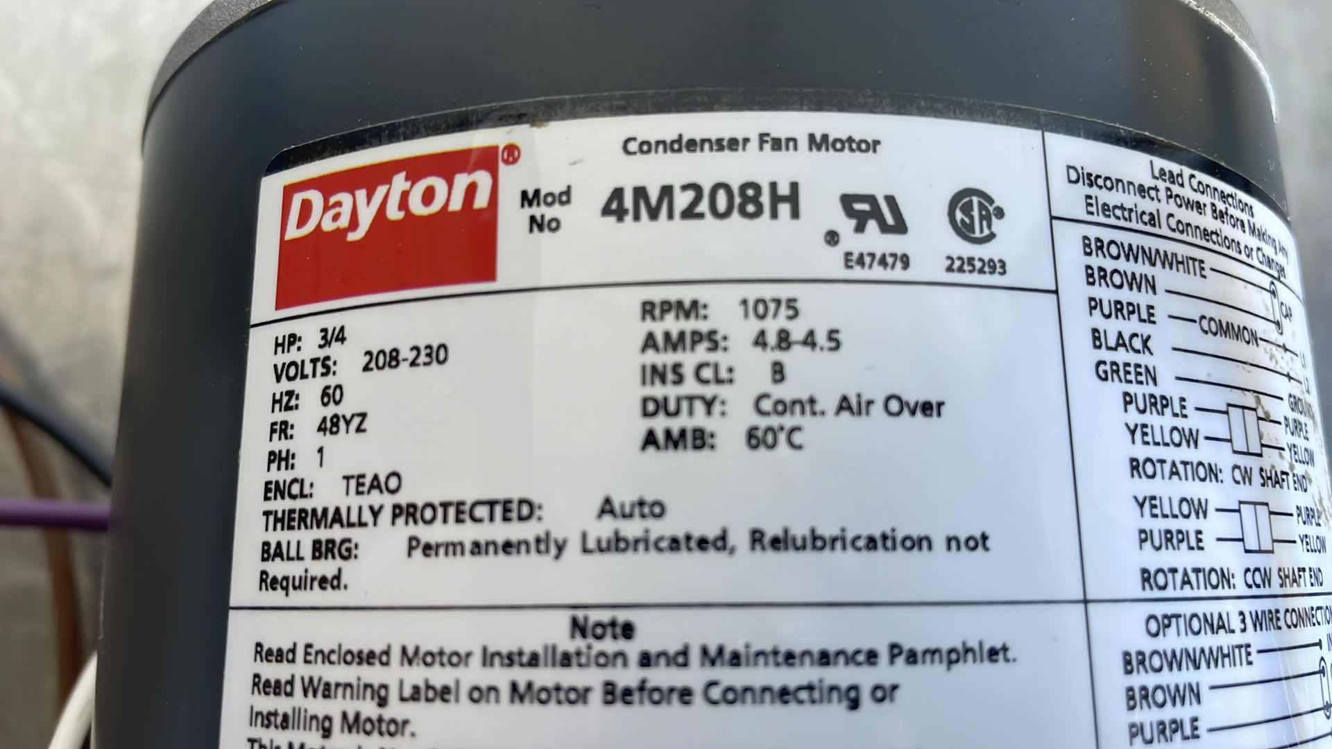 Photo 2 of DAYTON 3/4 HP CONDENSER FAN MOTOR 208/230 MODEL 4M208H