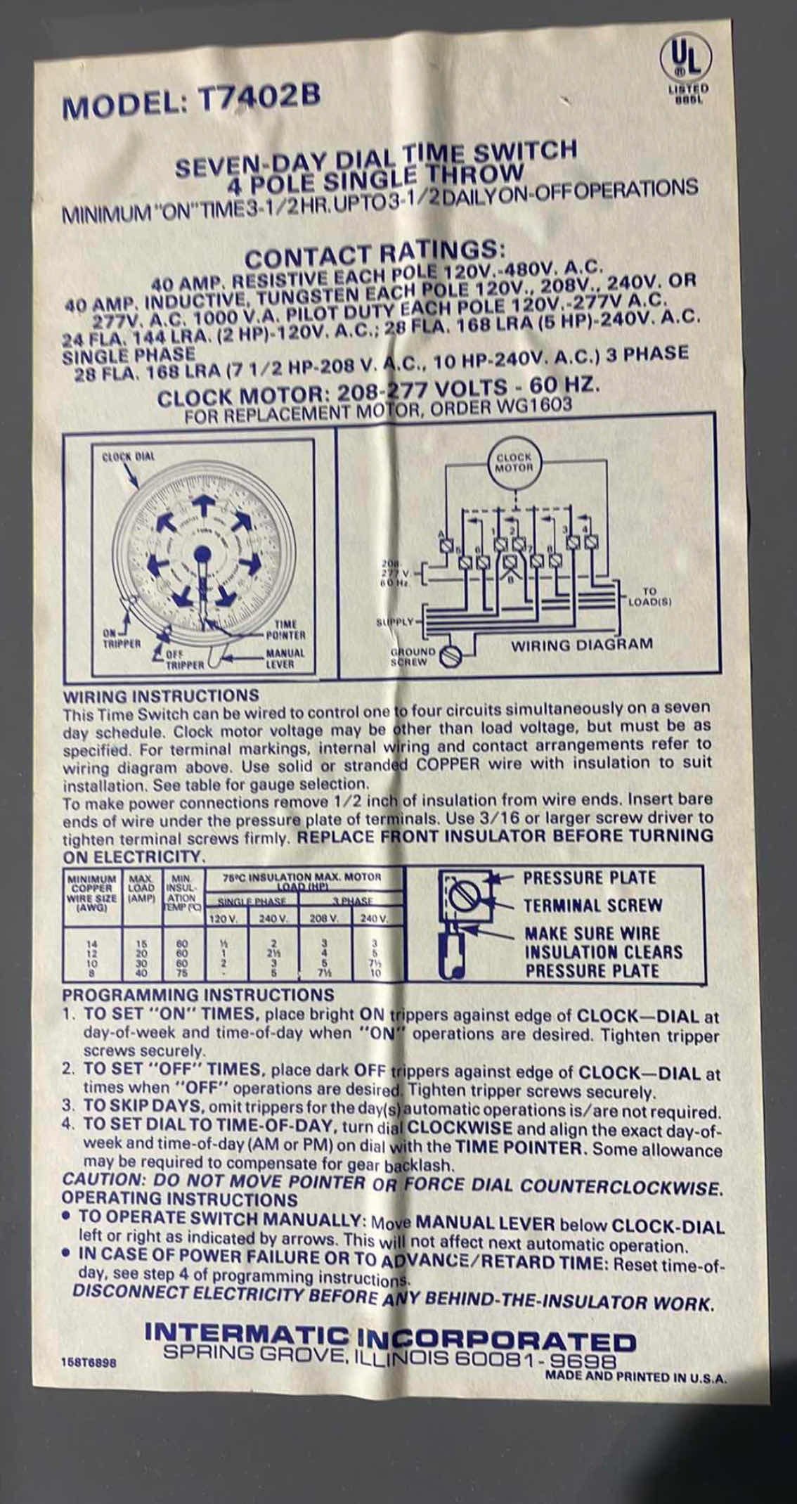 Photo 3 of INTERMATIC TIME CONTROLS SEVEN DAY DIAL-TIME SWITCH 4 POLE SINGLE THROW