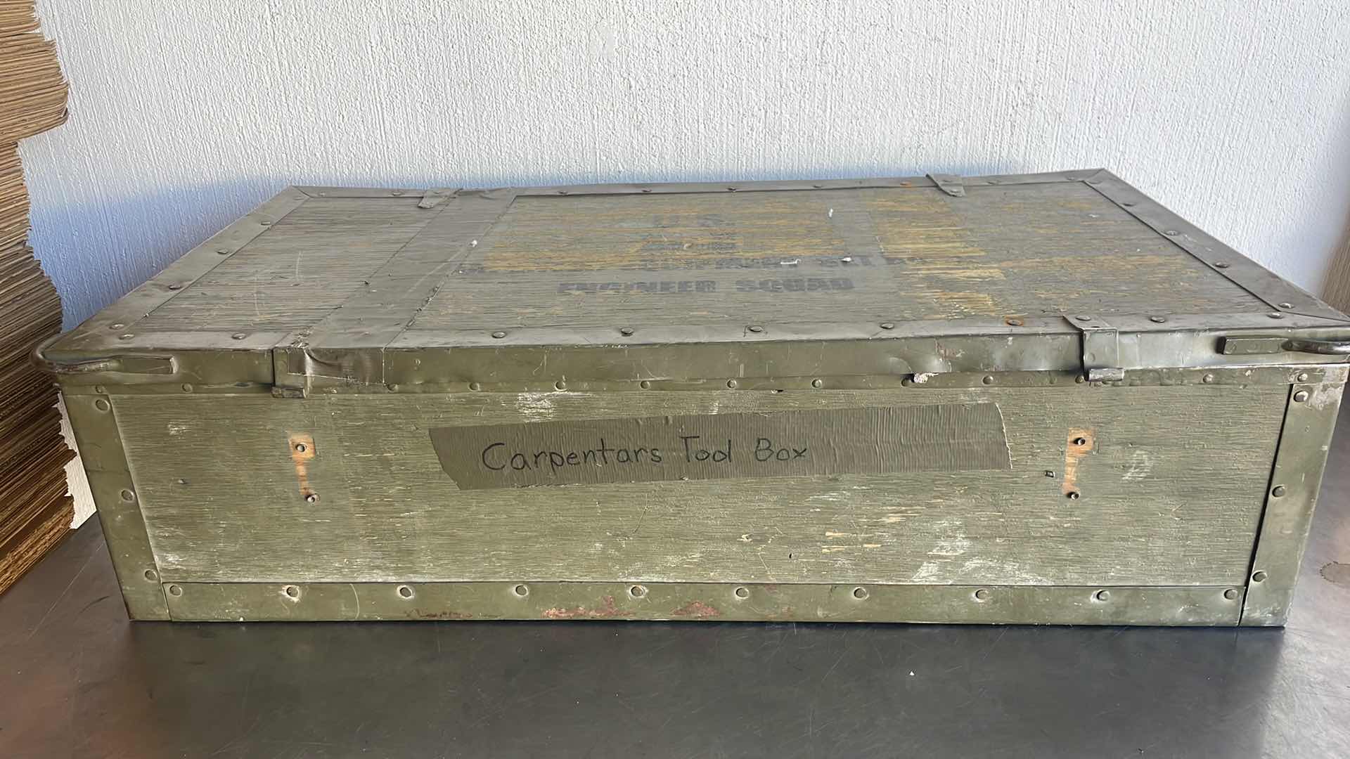 Photo 8 of MILITARY CARPENTERS TOOL BOX 32” x 16” x9” HINGES ON BOX ARE DAMAGED OR MISSING