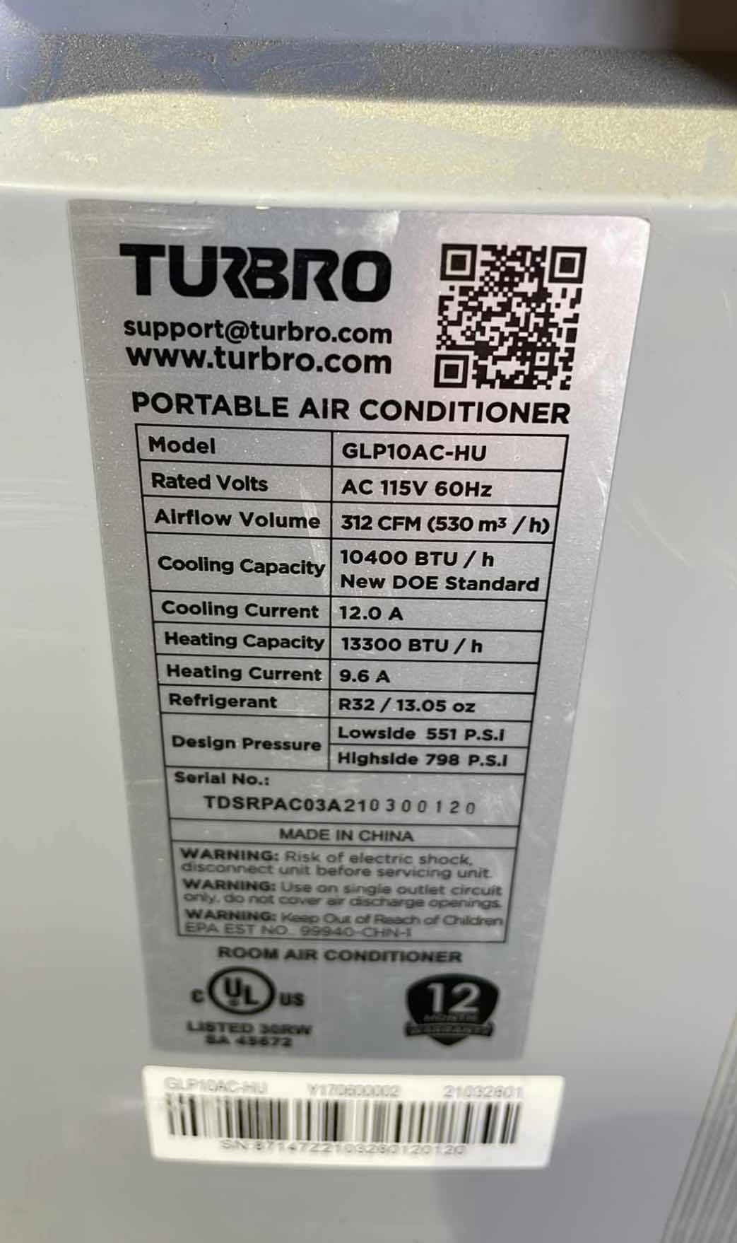 Photo 2 of TURBRO PORTABLE AIR CONDITIONER MODEL GLP10AC-HU