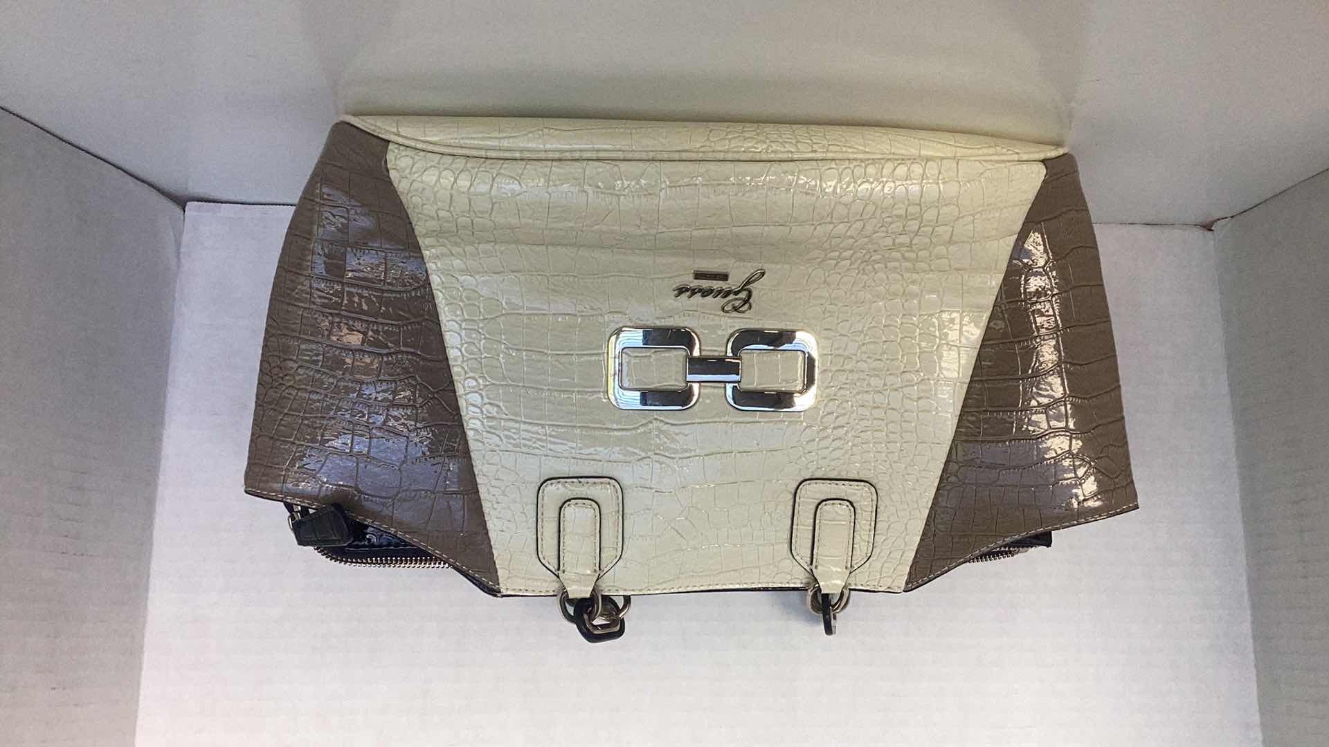 Photo 1 of GUESS TAN AND CREME ALLIGATOR EMBOSSED HAND BAG 18” X 10”