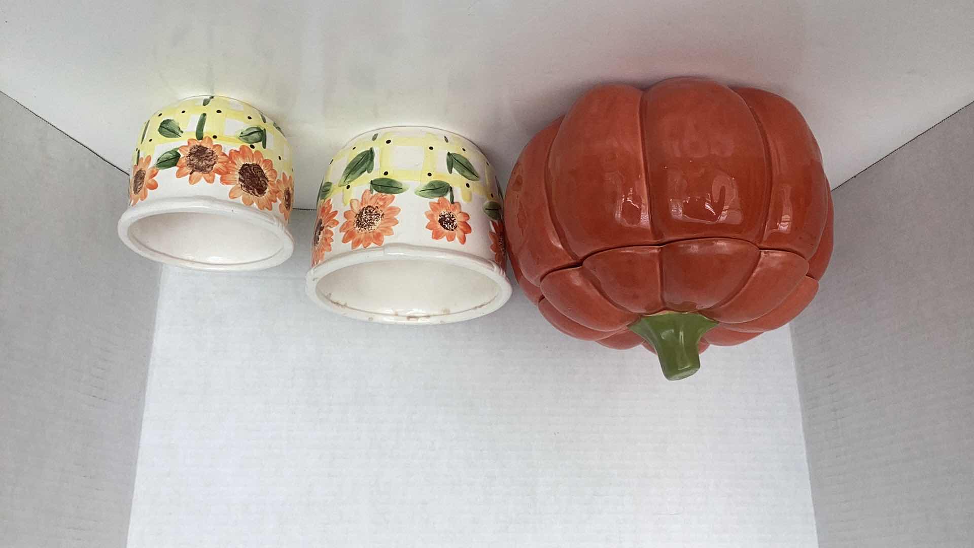 Photo 1 of PUMPKIN COOKIE JAR 10” X 9” AND VASES