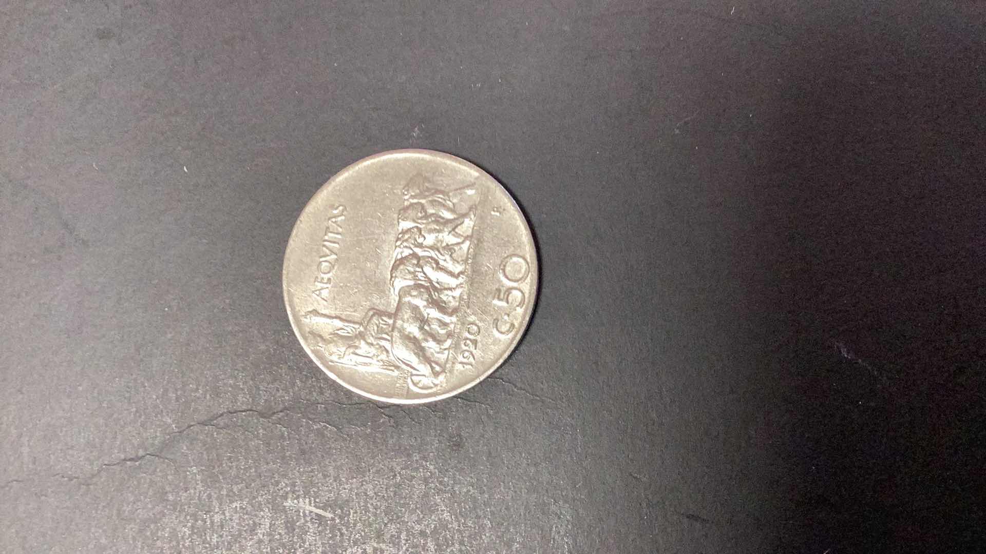 Photo 2 of $26.00 1920 ITALY 50 CENTESIMI COIN