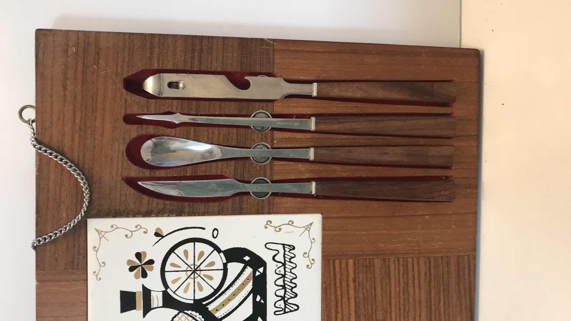 Photo 2 of MID-CENTURY MODERN BAR TOOL SET WITH TILE ,  CUTTING BOARD & TOOLS