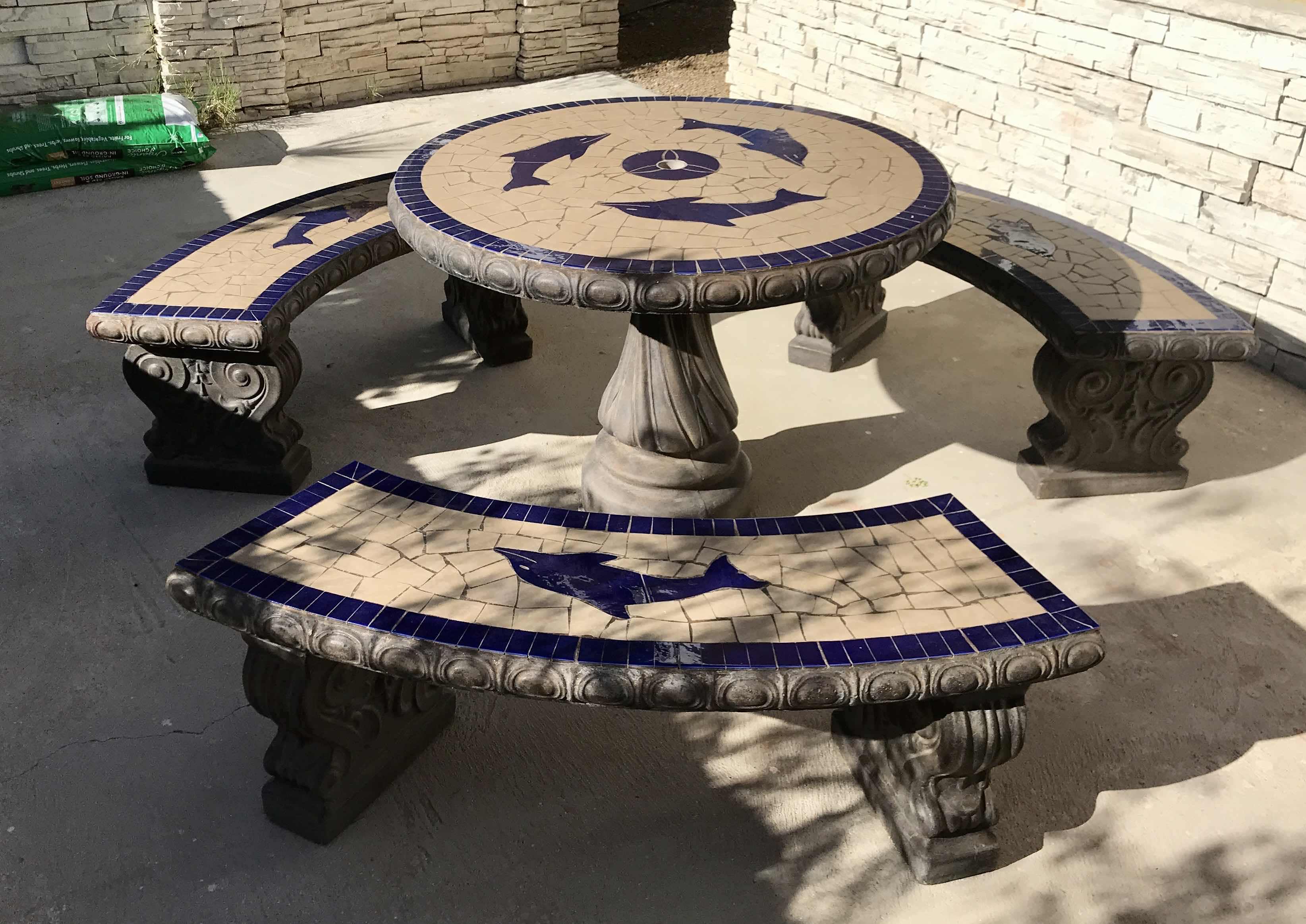 Photo 5 of MOSAIC DOLPHIN DESIGN CONCRETE  OUTDOOR PATIO TABLE & CHAIRS 
BRING HELP!,