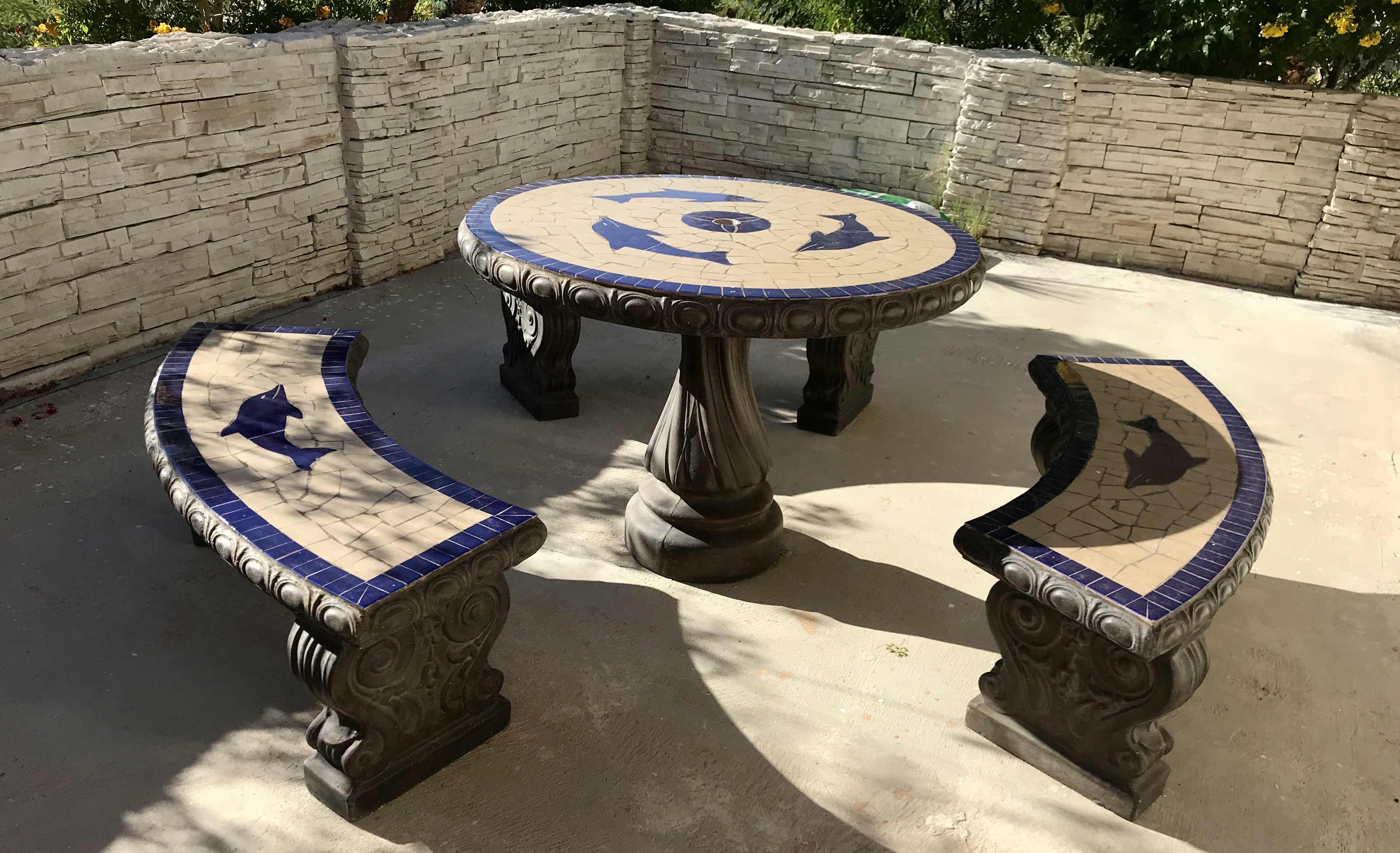 Photo 2 of MOSAIC DOLPHIN DESIGN CONCRETE  OUTDOOR PATIO TABLE & CHAIRS 
BRING HELP!,