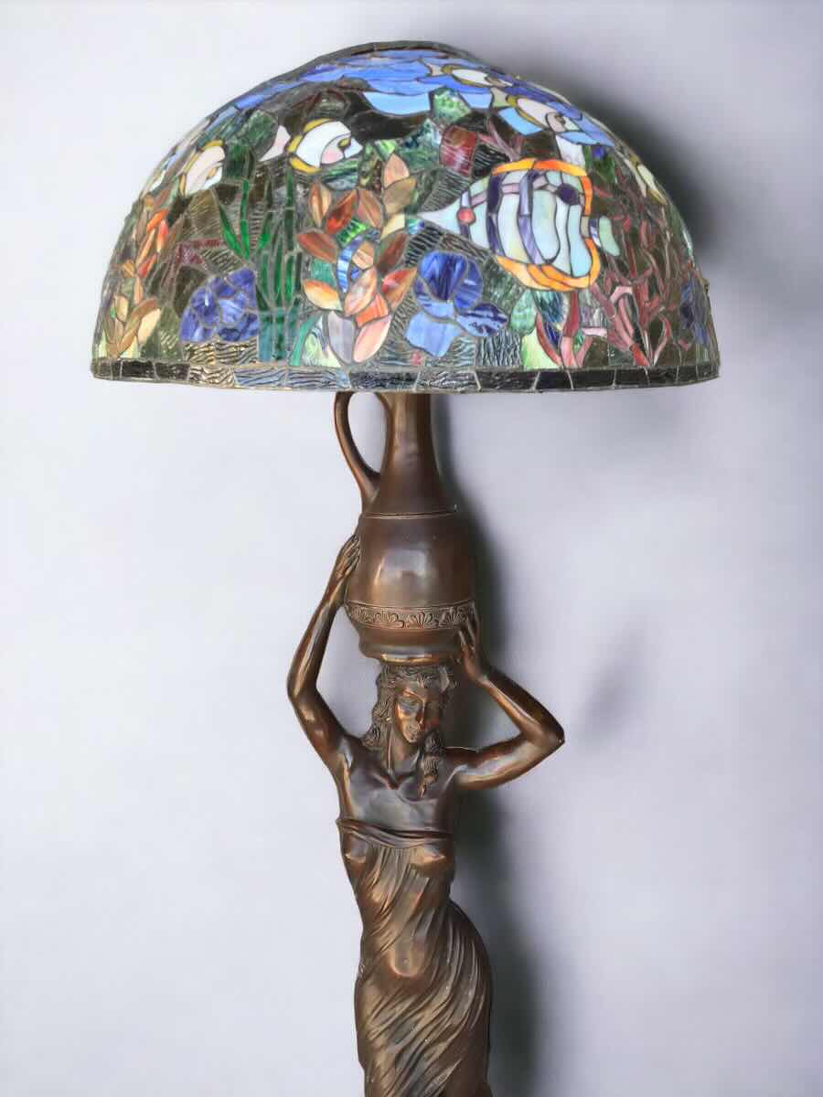 Photo 2 of BRONZE FIGURAL FLOOR LAMPS W/ TIFFANY STYLE SHADE H- 72”