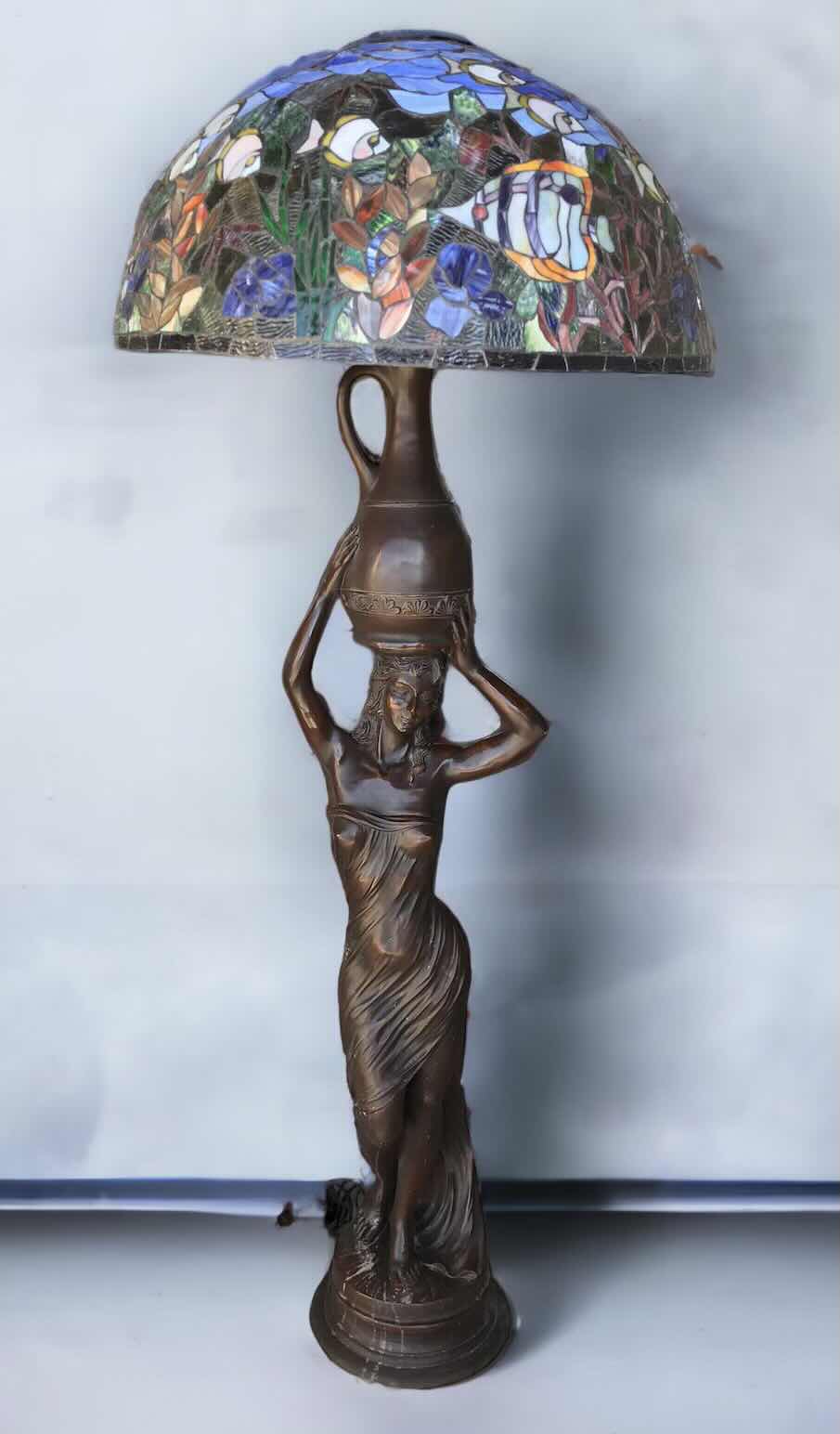 Photo 1 of BRONZE FIGURAL FLOOR LAMPS W/ TIFFANY STYLE SHADE H- 72”