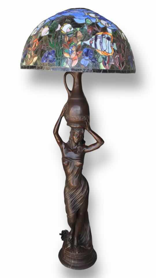 Photo 5 of BRONZE FIGURAL FLOOR LAMPS W/ TIFFANY STYLE SHADE H- 72”