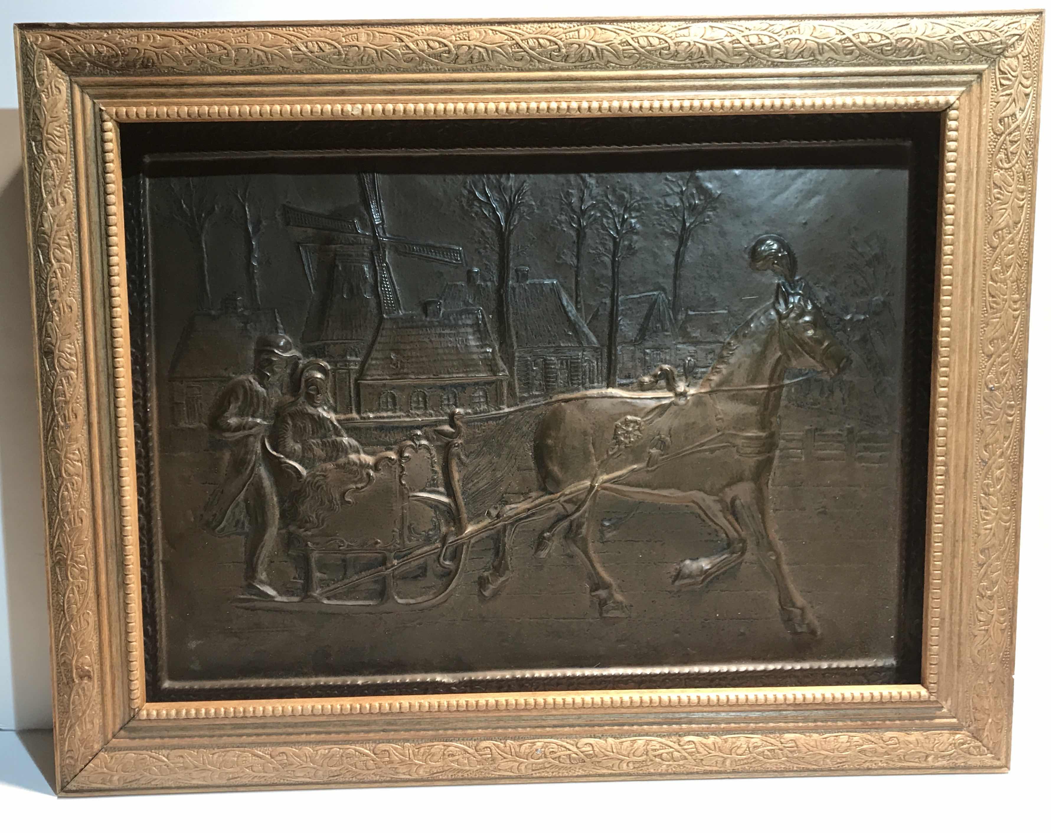 Photo 1 of EMBOSSED COPPER FRAMED ARTWORK REPRESENTING HORSE AND CARRIAGE 32”x 28”