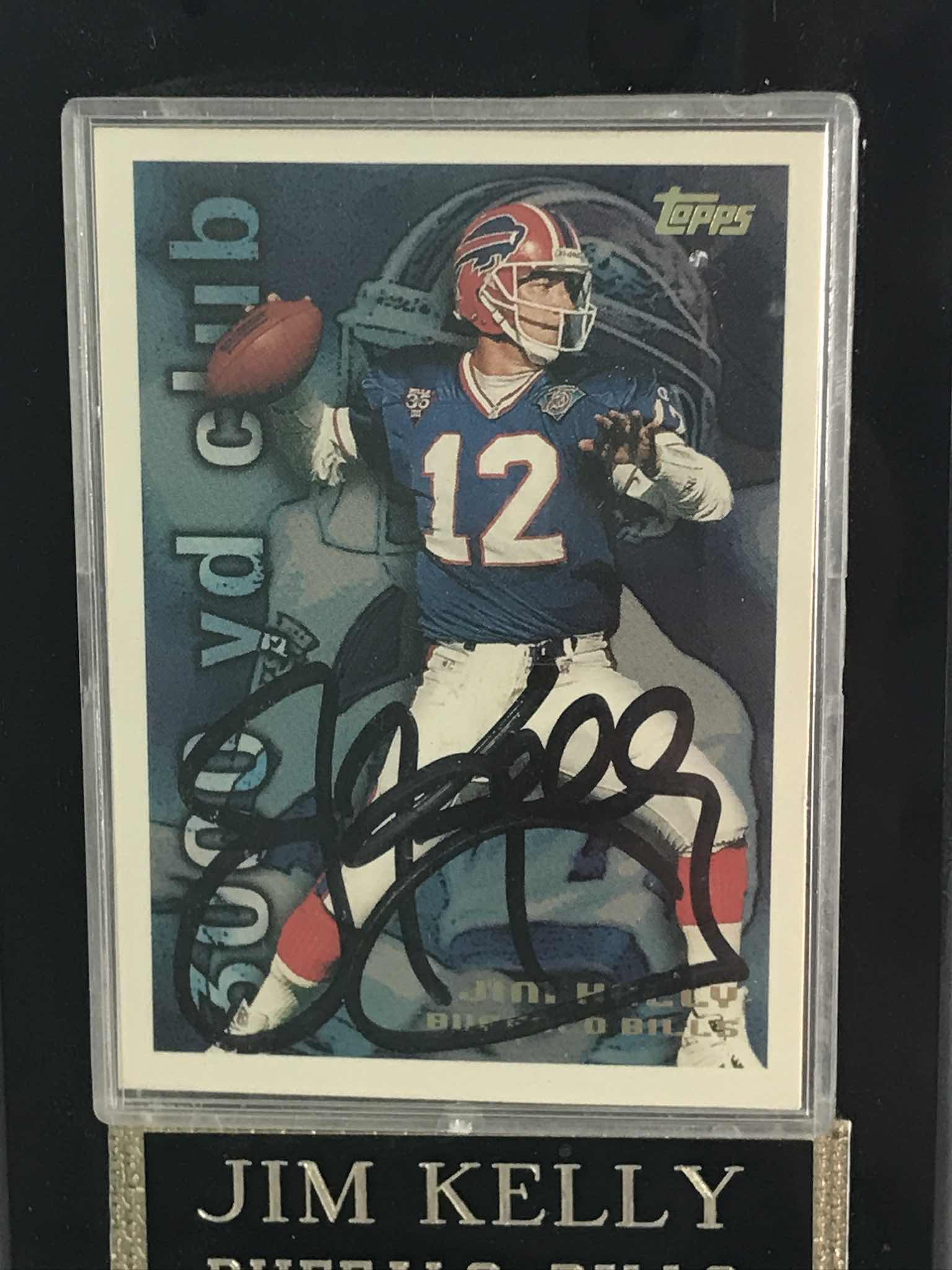 Photo 1 of TOPPS JIM KELLY SIGNED FOOTBALL CARD IN DISPLAY CASE