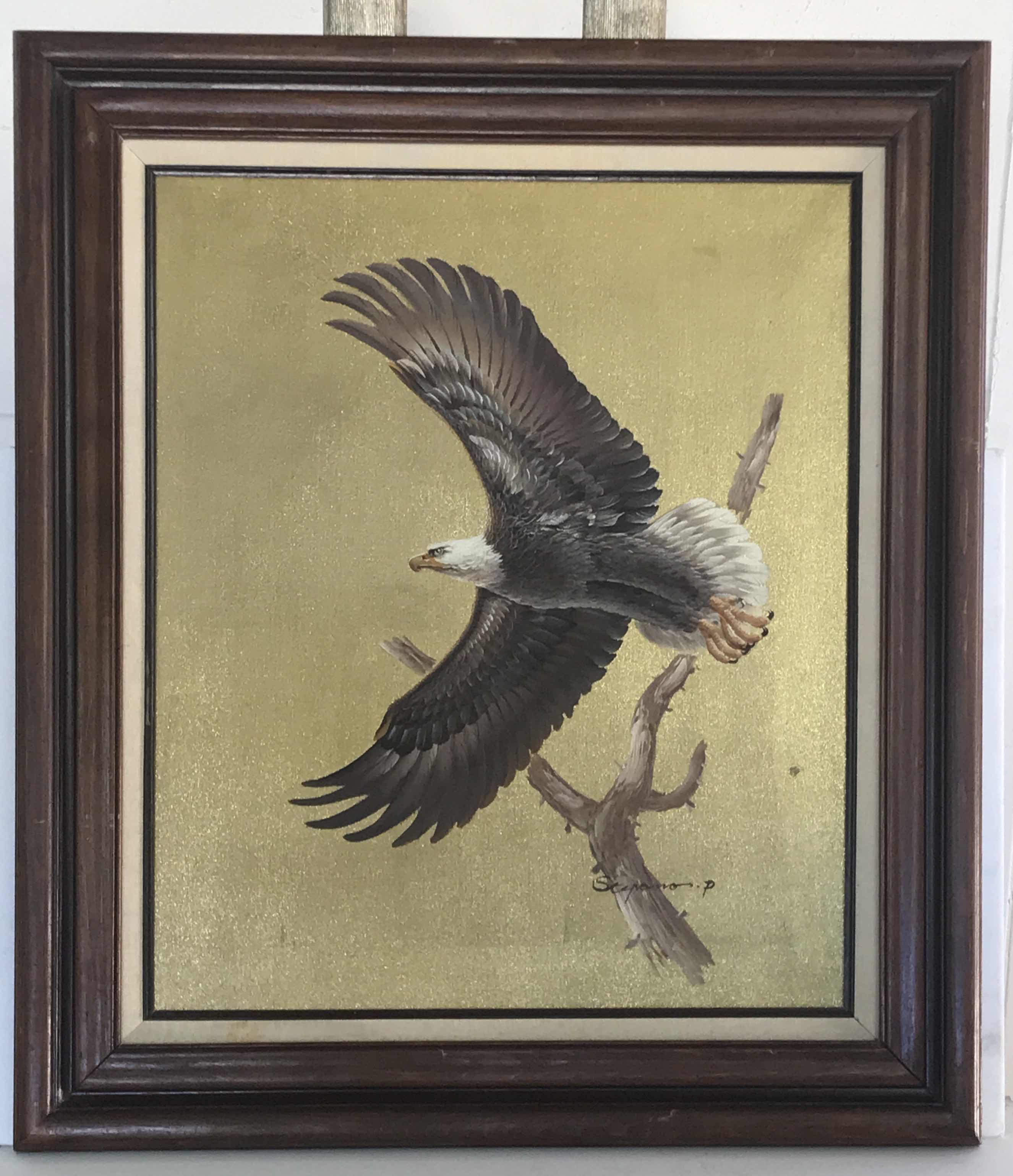 Photo 1 of VINTAGE FRAMED BALD EAGAL ART ON CANVAS SIGNED STEPANO P 27” x 32”