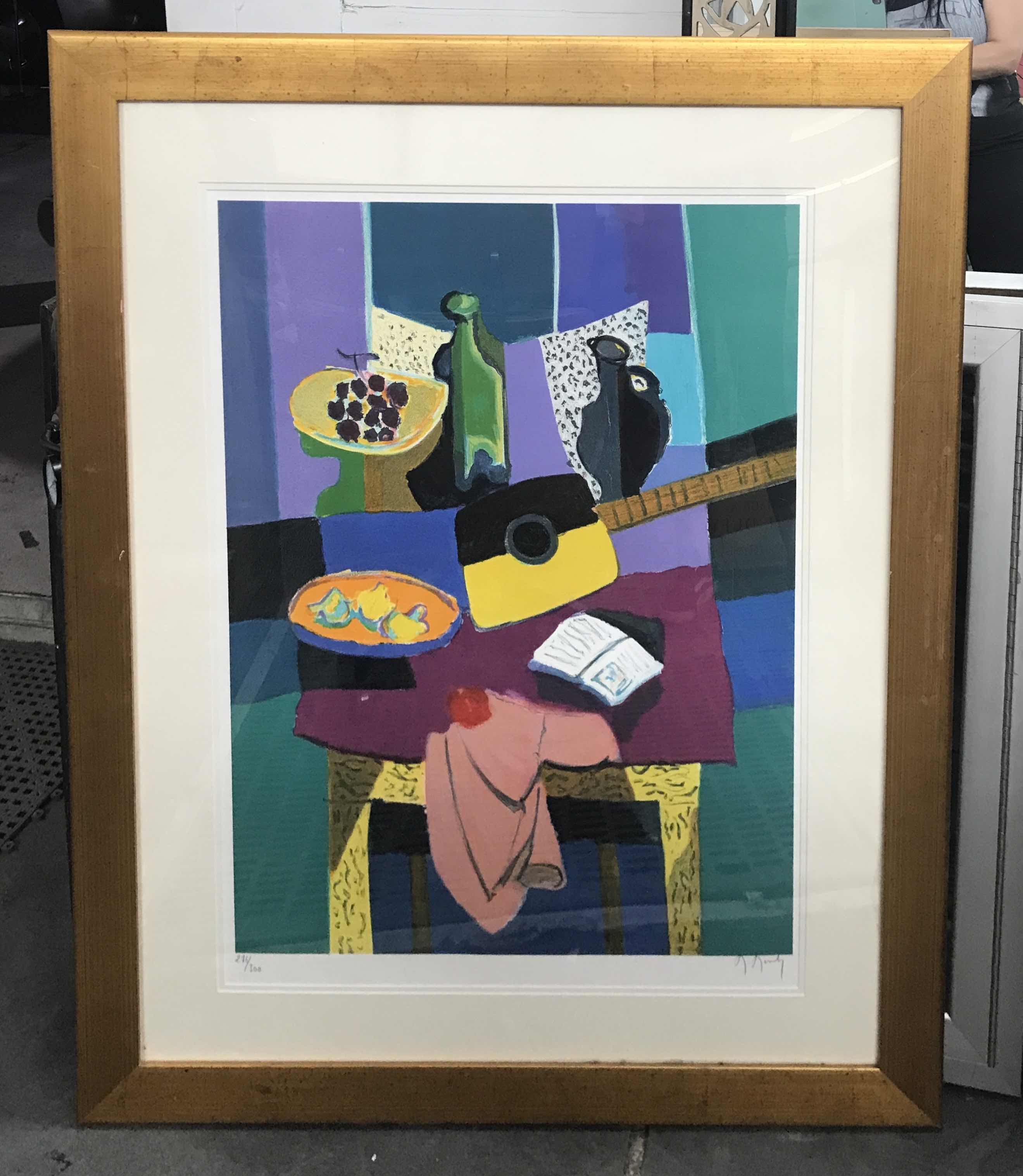 Photo 1 of MARCEL MOULY SIGNED BY ARTIST INTERIOR SCENE WITH FRUIT, GUITAR, WINE BOTTLE ON TABLE 276 of 300 32” x 40”