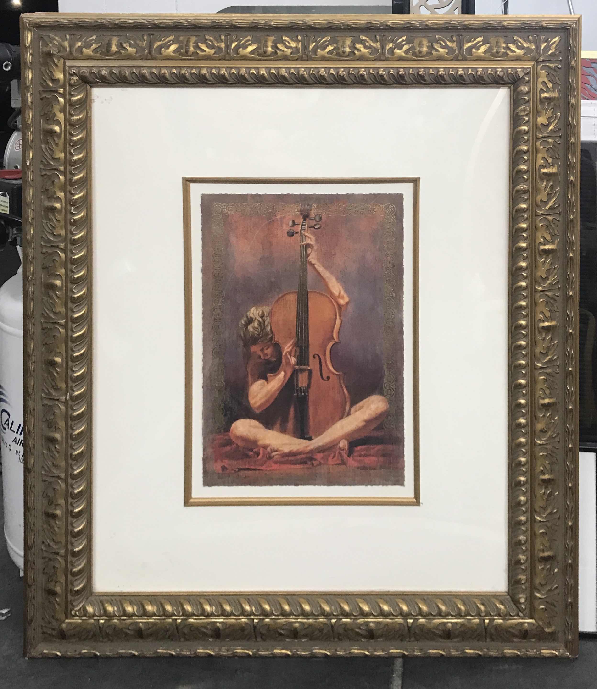 Photo 1 of FRAMED OIL ON CANVAS  MAN SITTING WITH CELLO NUMBERED 285/350 AND SIGNED 30” x 35”