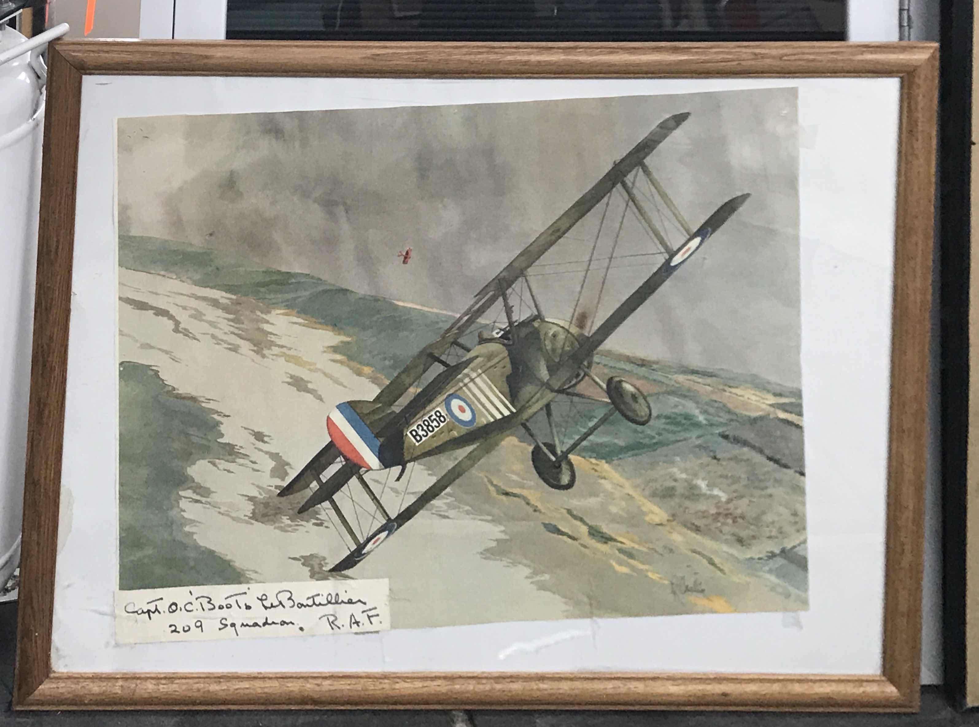 Photo 1 of FRAMED PICTURE OF WAR PLANE IN FLIGHT CAPT O.C. BOOTS 209 SQUADRON 26” x 20”