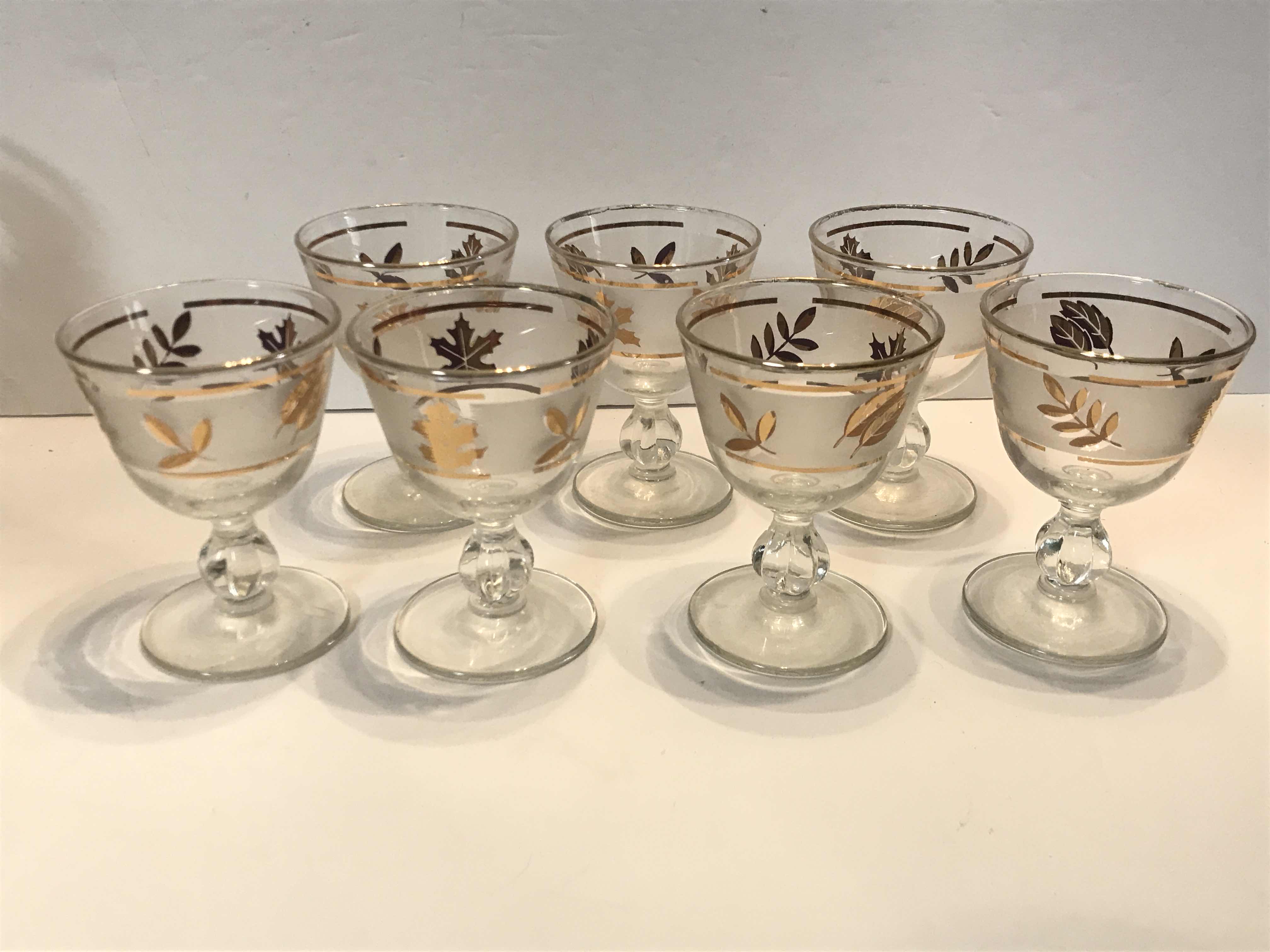 Photo 1 of VINTAGE LIBBEY GOLD FOLIAGE LEAF PRINT WINE GLASSES  SET OF 7